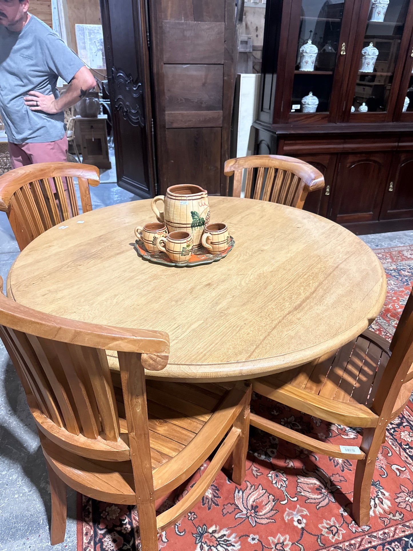 Round oak table mid century w iron base