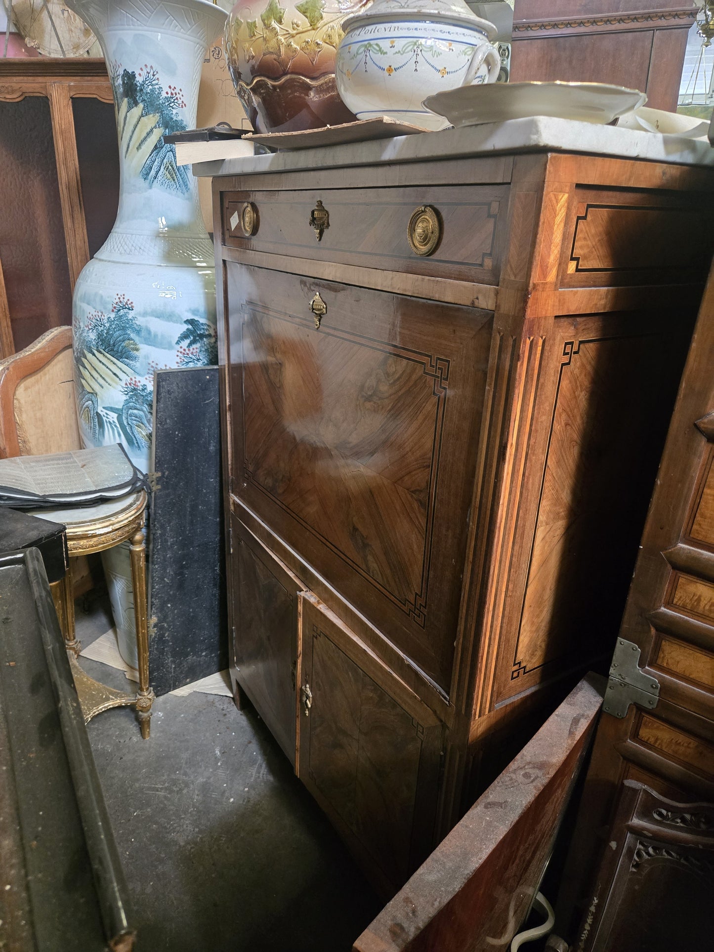 18th Century French Louis XVI Secretary Desk Converted Bar with Marble Top (c. 1780)