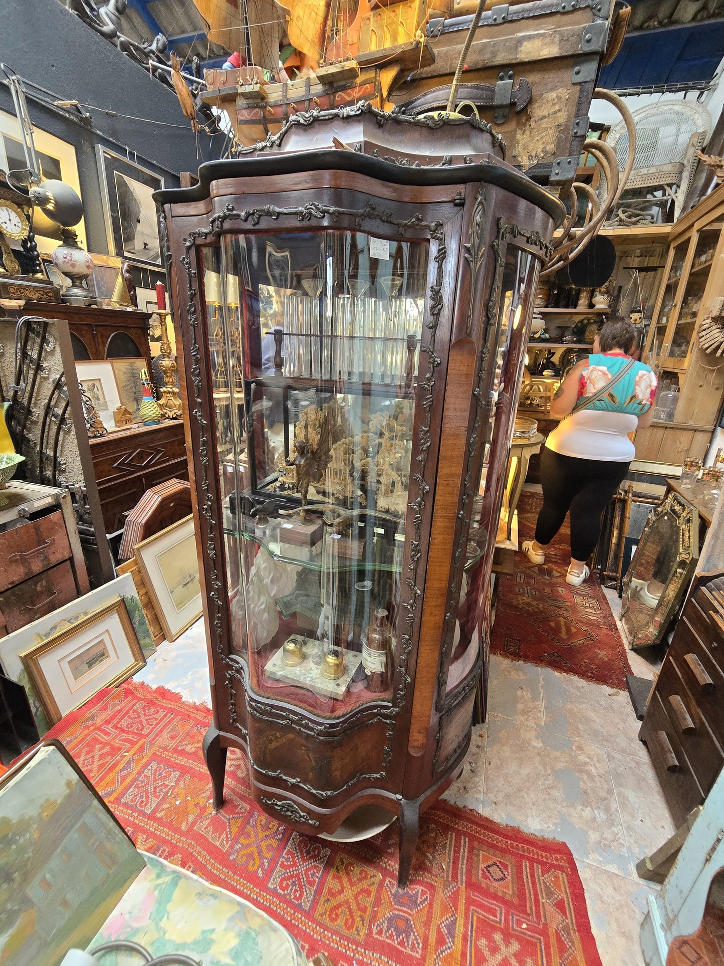 Antique French Curved Glass Display Cabinet with Painted Panels, c.1900