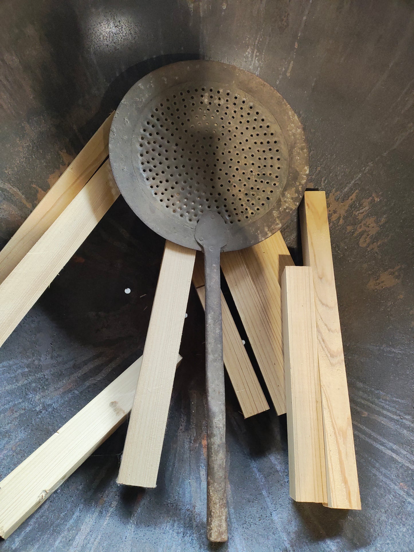 Antique Iron Kitchen Skimmer with Wooden Handle