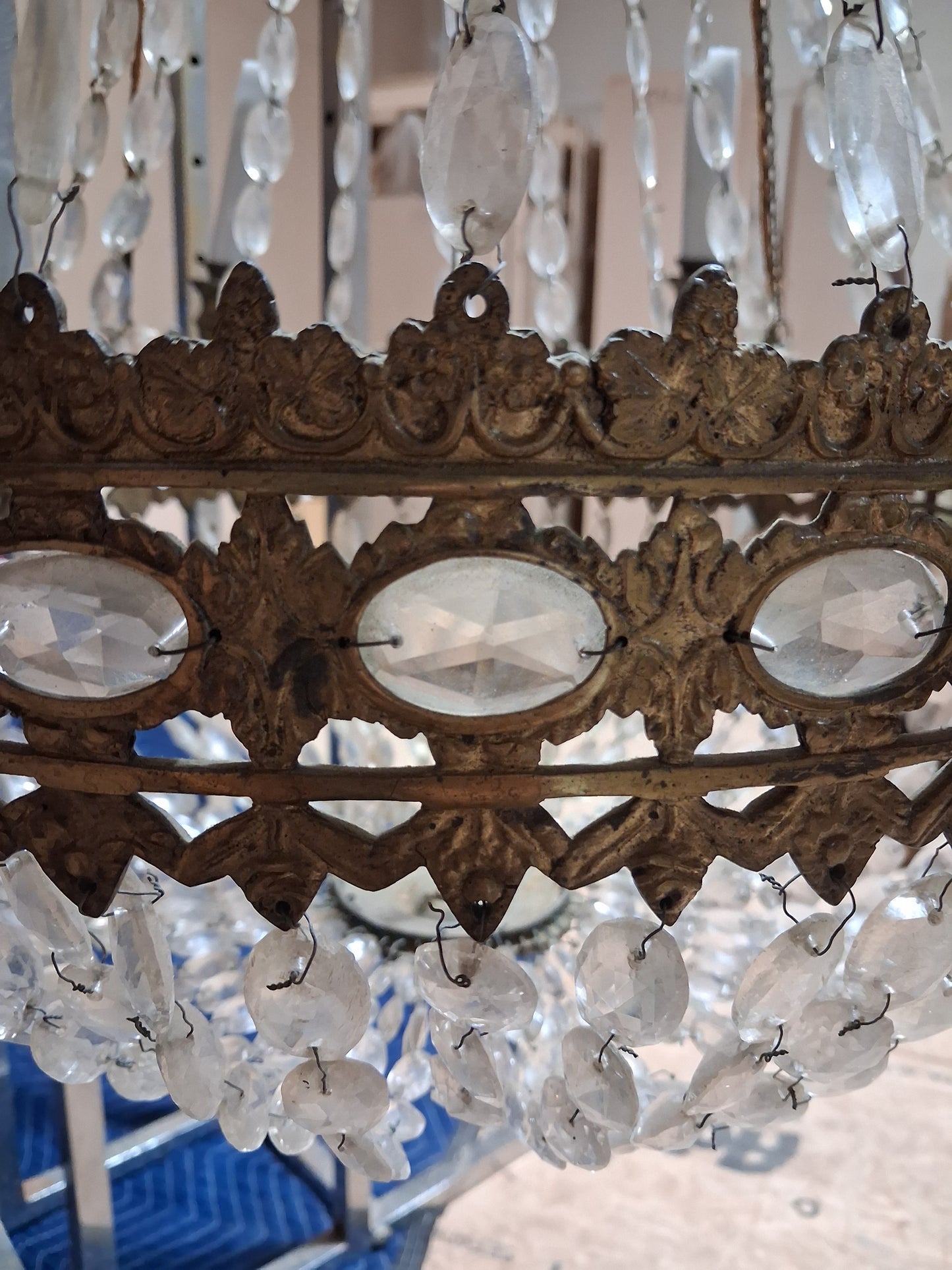 Antique French Empire Style Basket Chandelier with Faceted Glass Prisms c. 1880