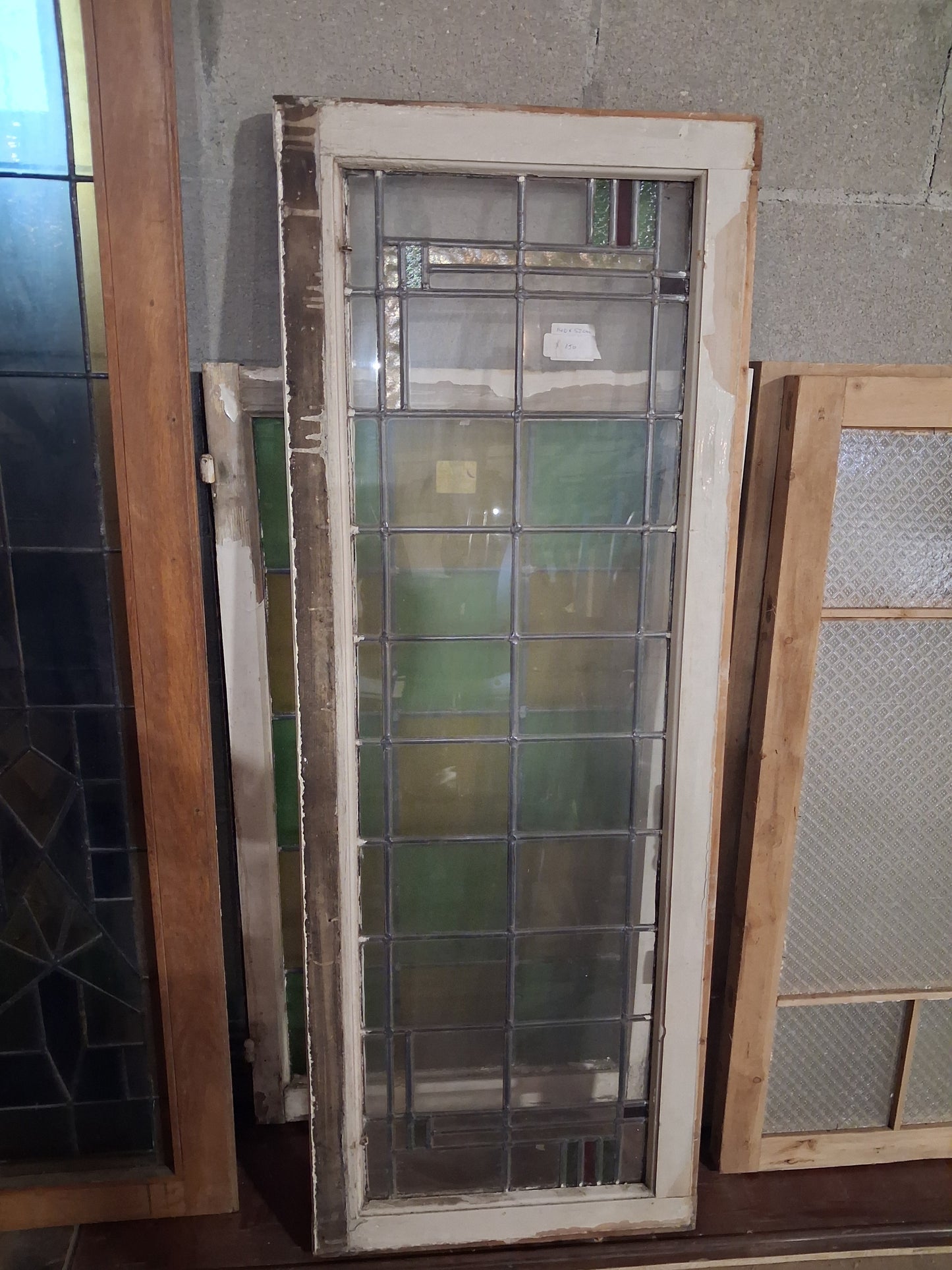 Antique Leaded Glass Window Panel with Colored Accents, Early 20th Century