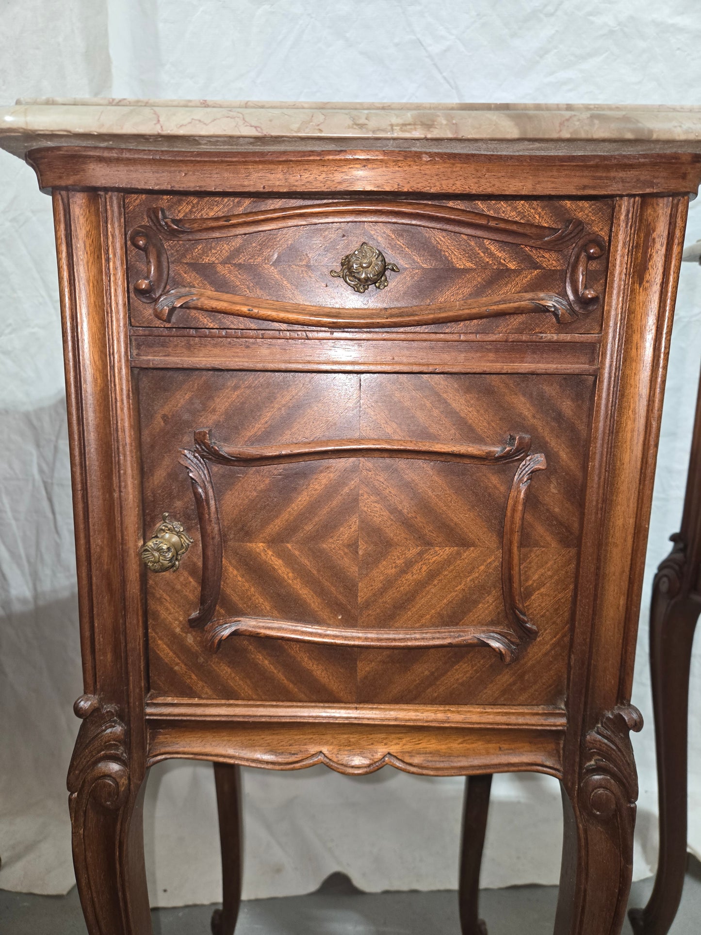 Pair of late 1880s LXV French nightstands w marble
