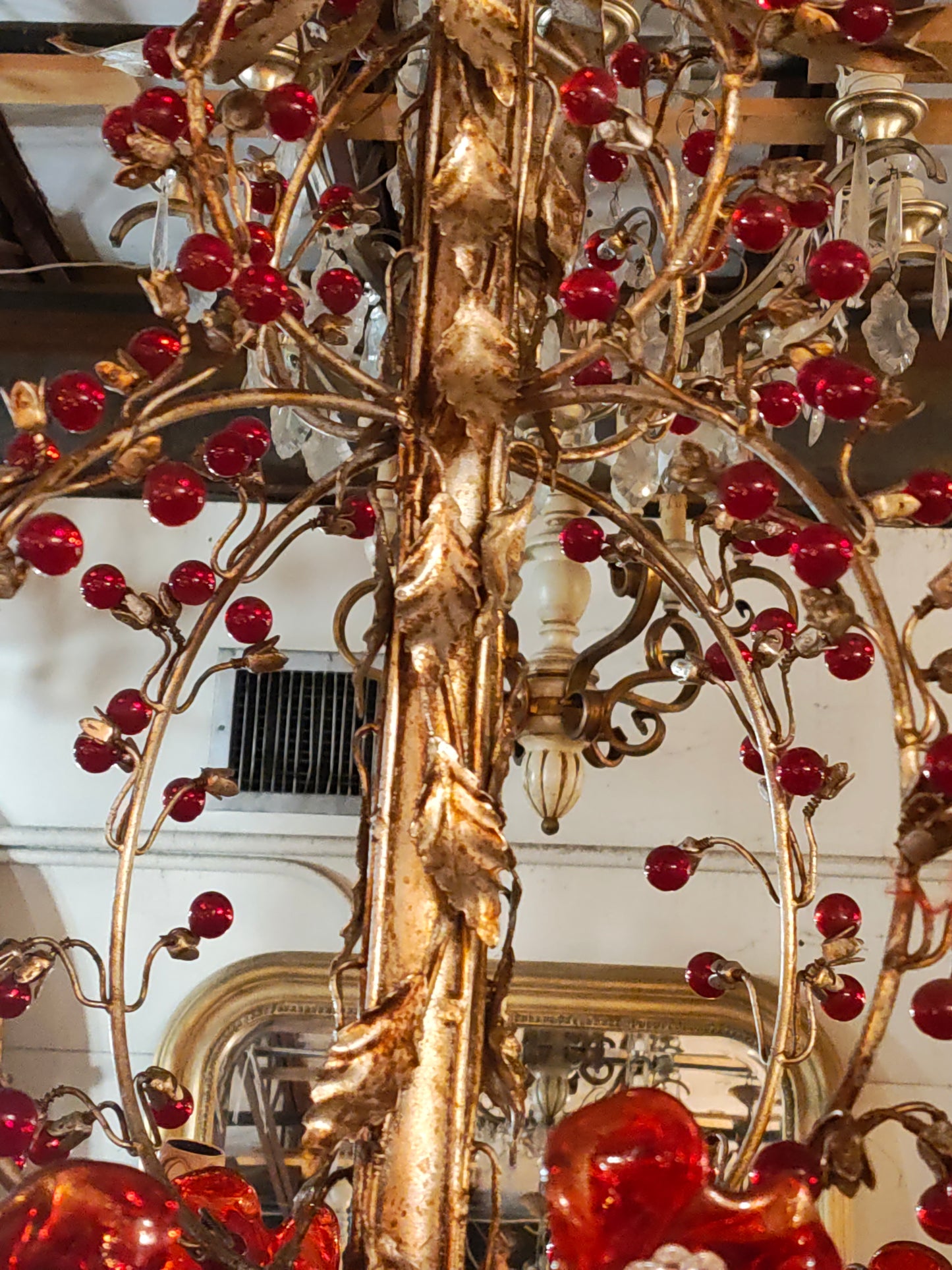 1940s French Gilt Metal Floral Chandelier with Red Glass Berry Accents – Marseille