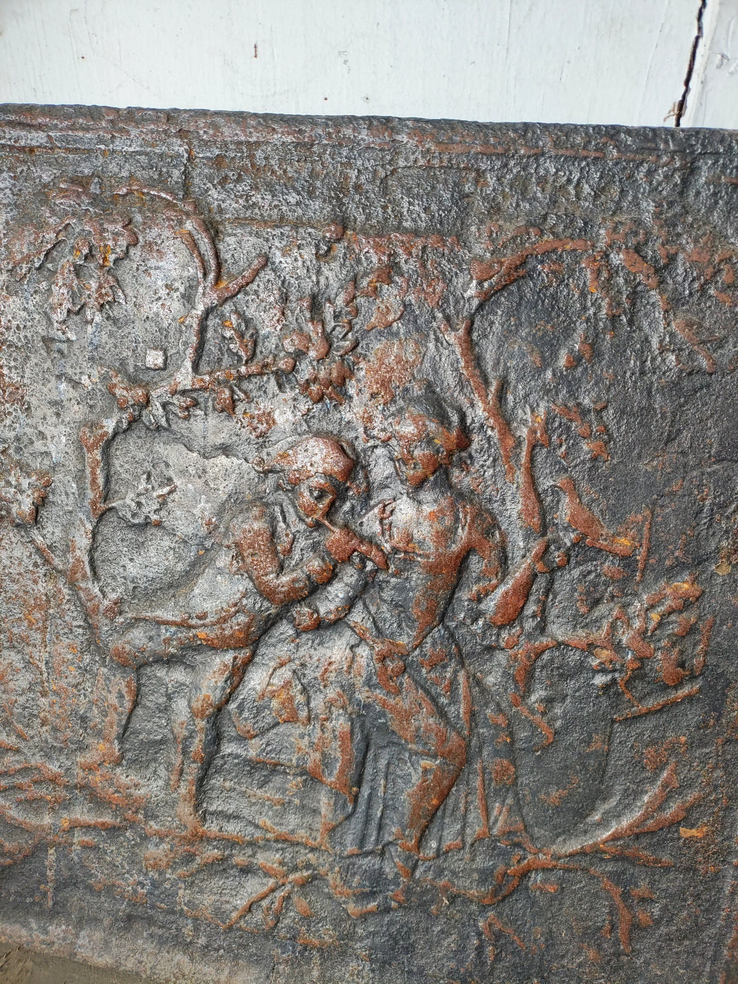 Figural Cast Iron Fireplace Fireback with Romantic Pastoral Scene