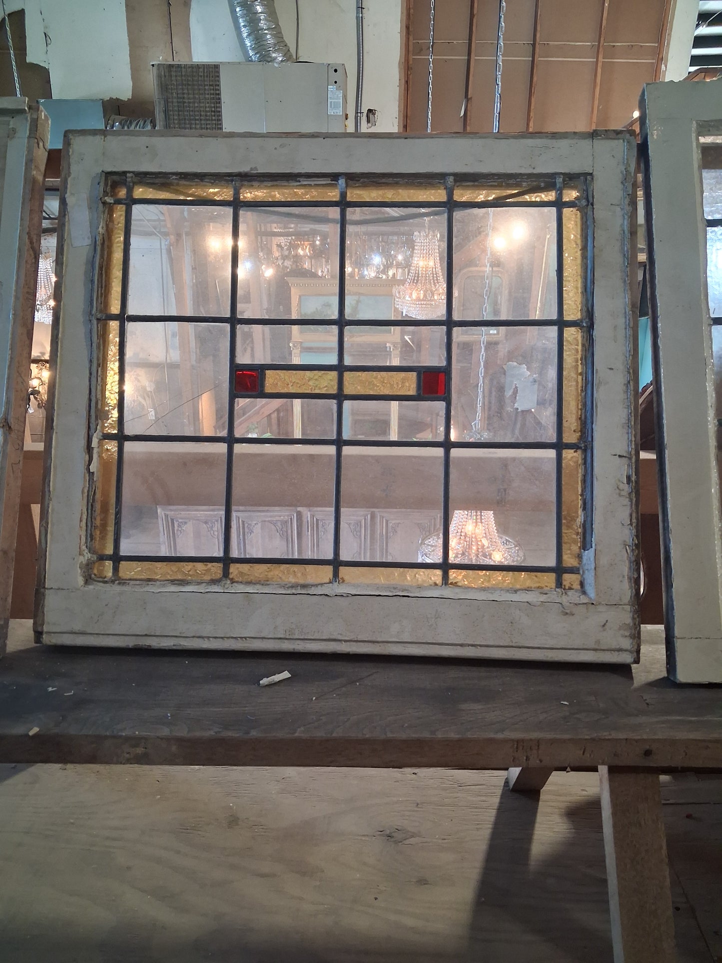 Early 20th C. Arts & Crafts Leaded Glass Window Panel w/ Amber Border