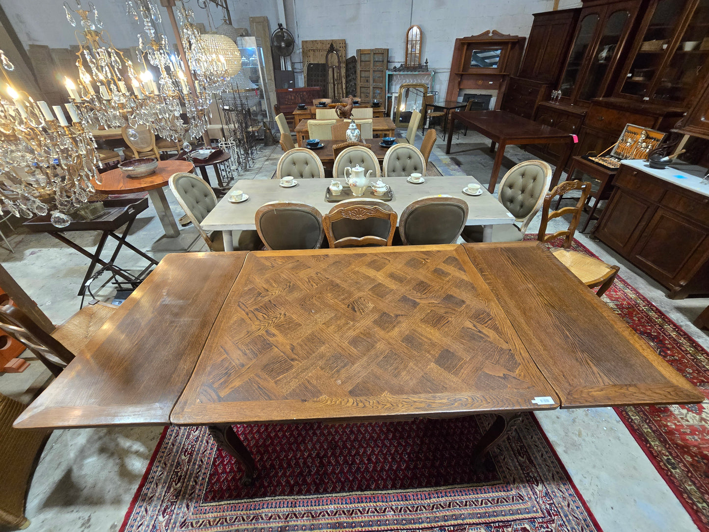 Early Century L15 Oak Draw Leaf Table with Parquet Inlay