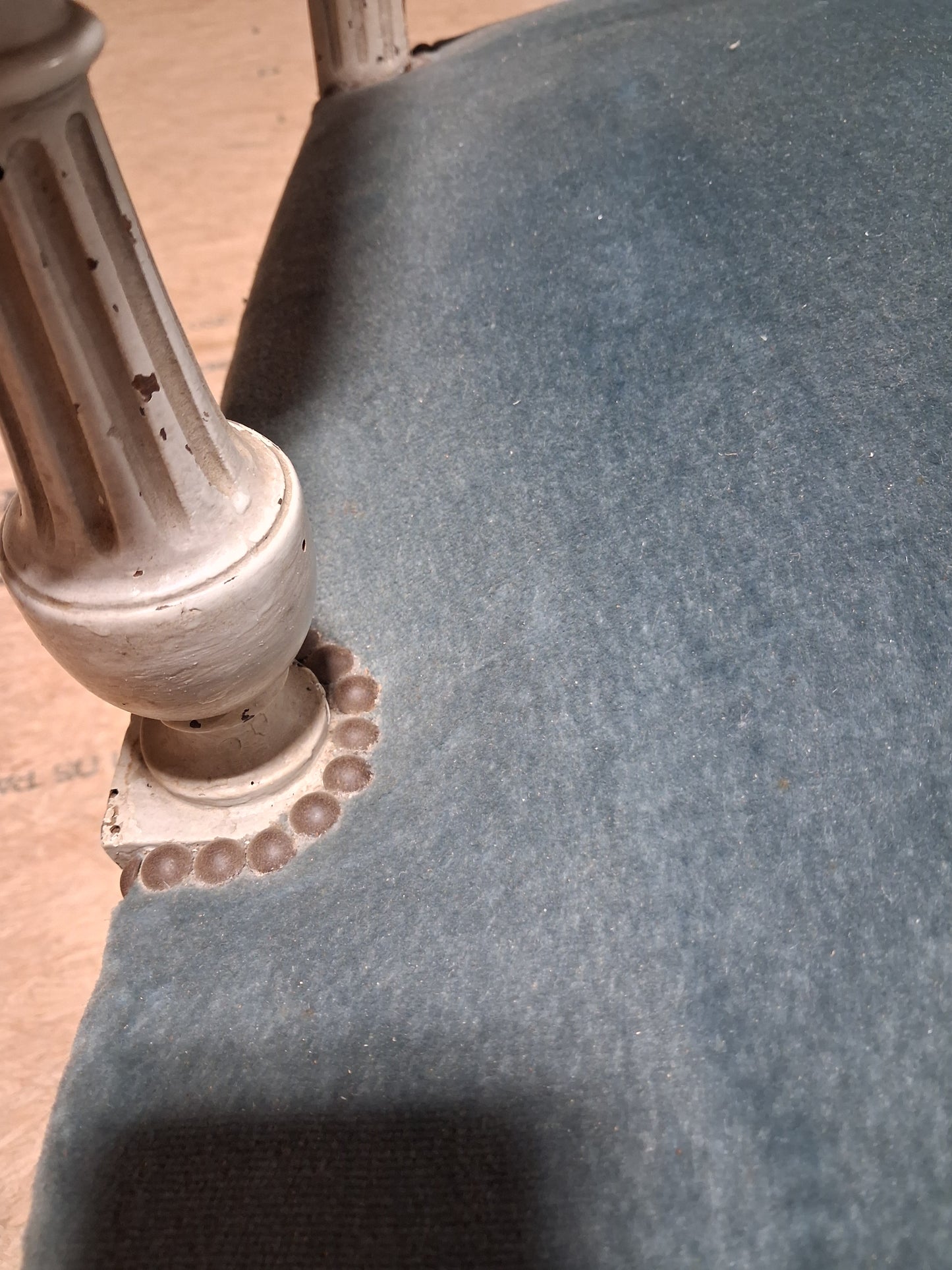 Pair of French Louis XVI Style Painted Fauteuils with Blue Velvet Upholstery