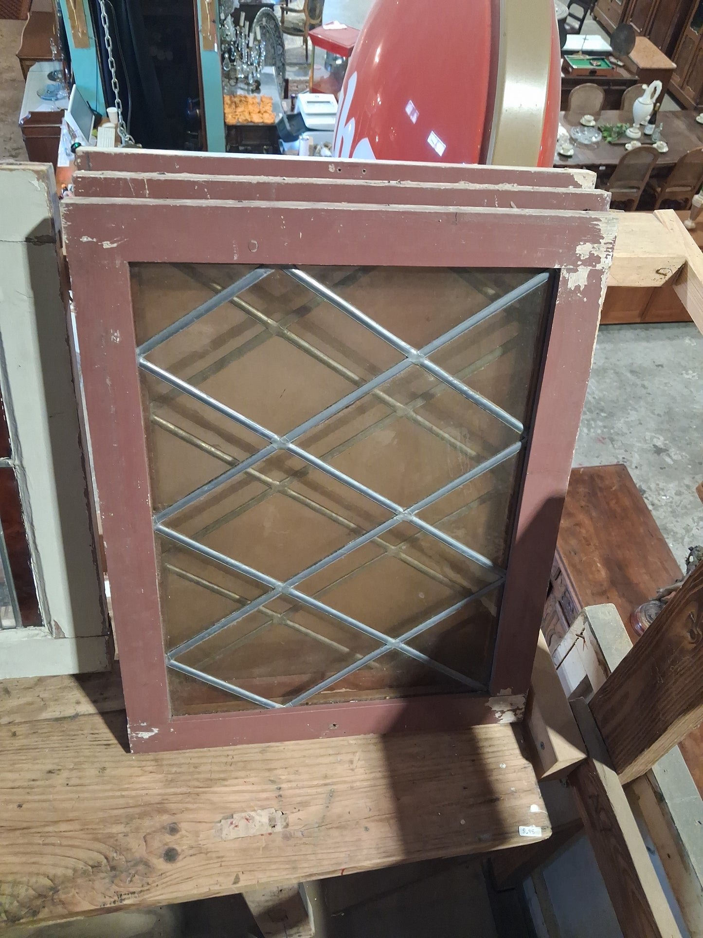 Set of 3 Antique Diamond Leaded Glass Windows