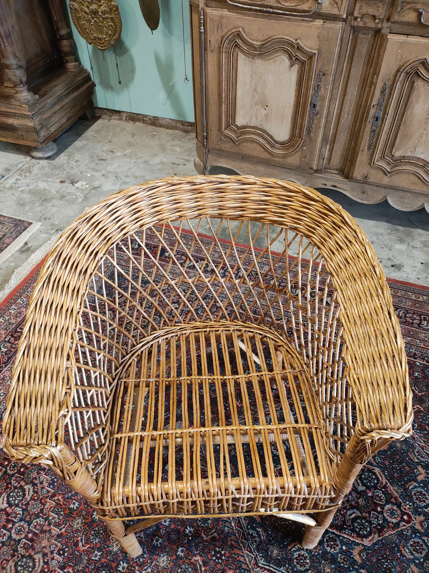 Mid-Century Rattan Barrel Back Lounge Chairs with Round Wicker Table – Set of 5