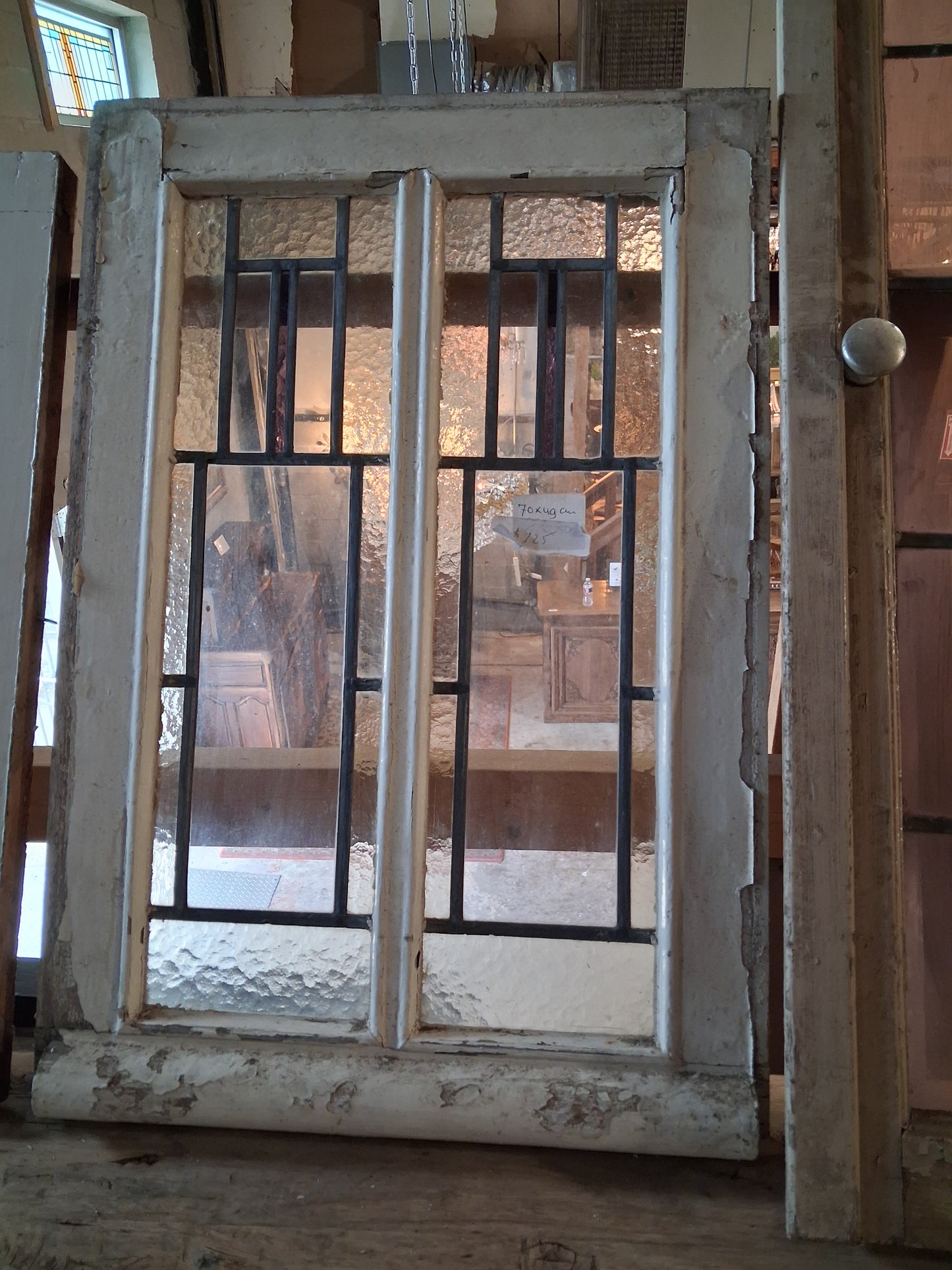Antique Double Panel Leaded Glass Window with Geometric Design