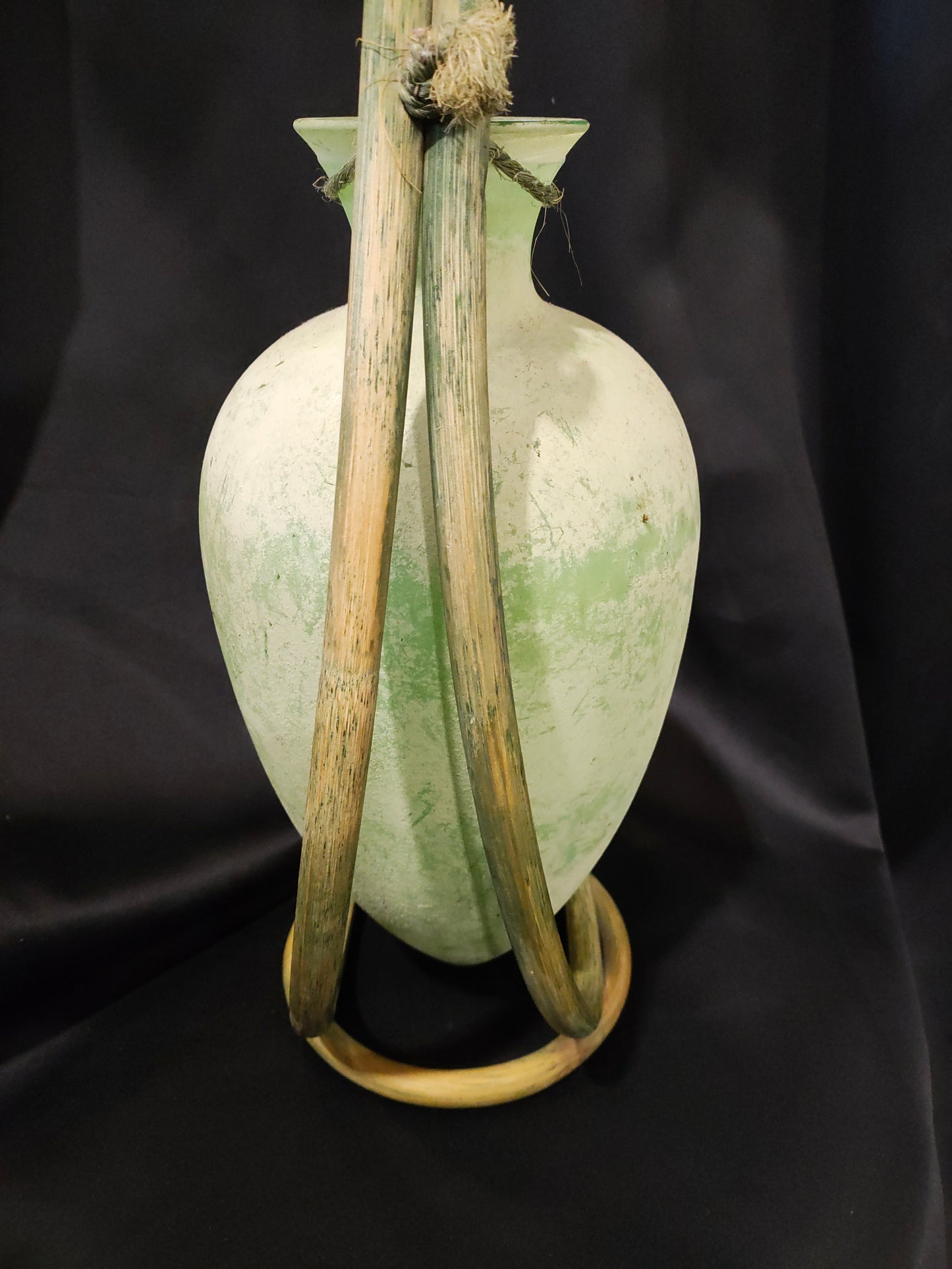 Mid-Century Green Art Glass Amphora Vase with Bamboo Stand