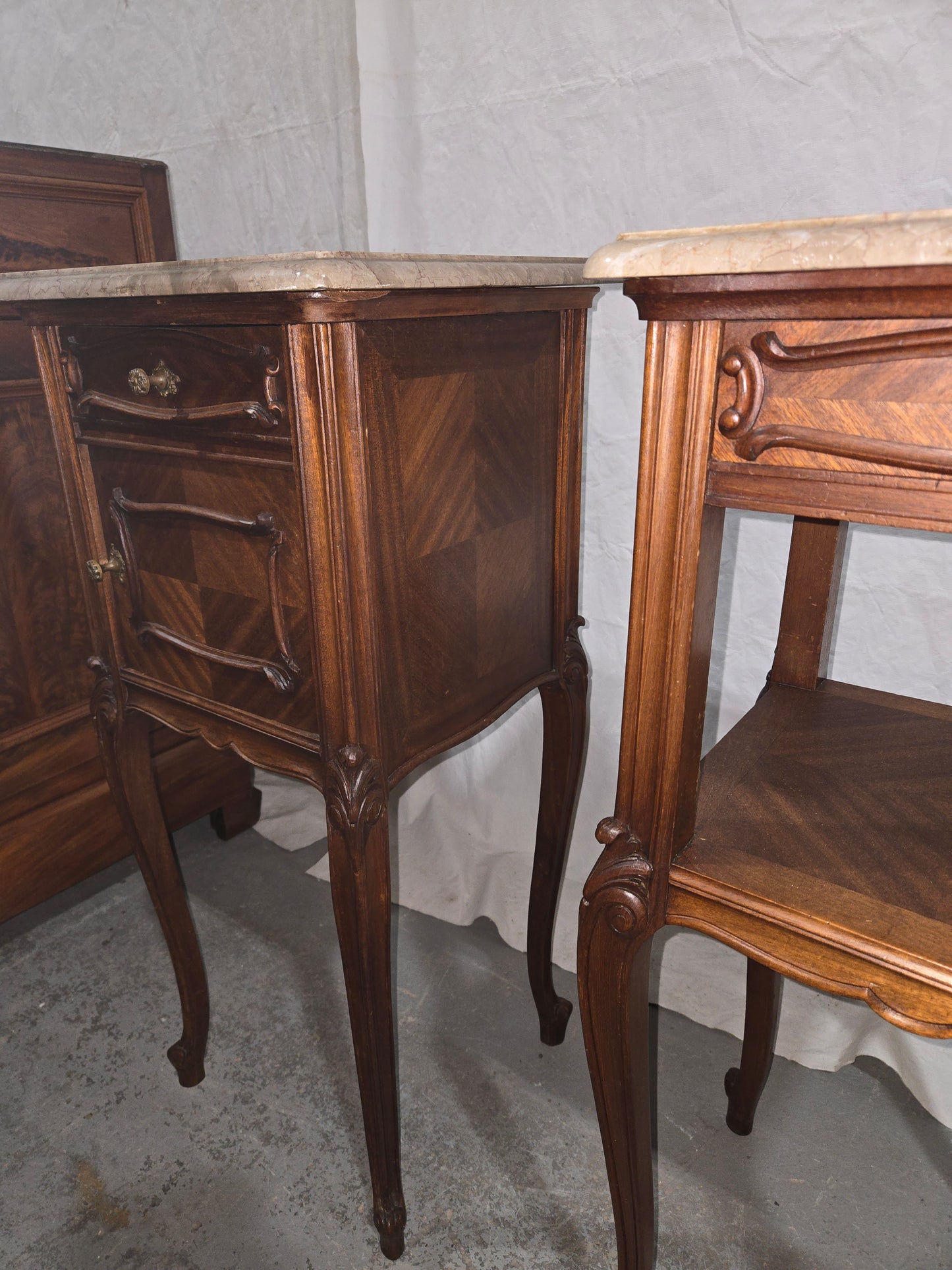 Pair of late 1880s LXV French nightstands w marble