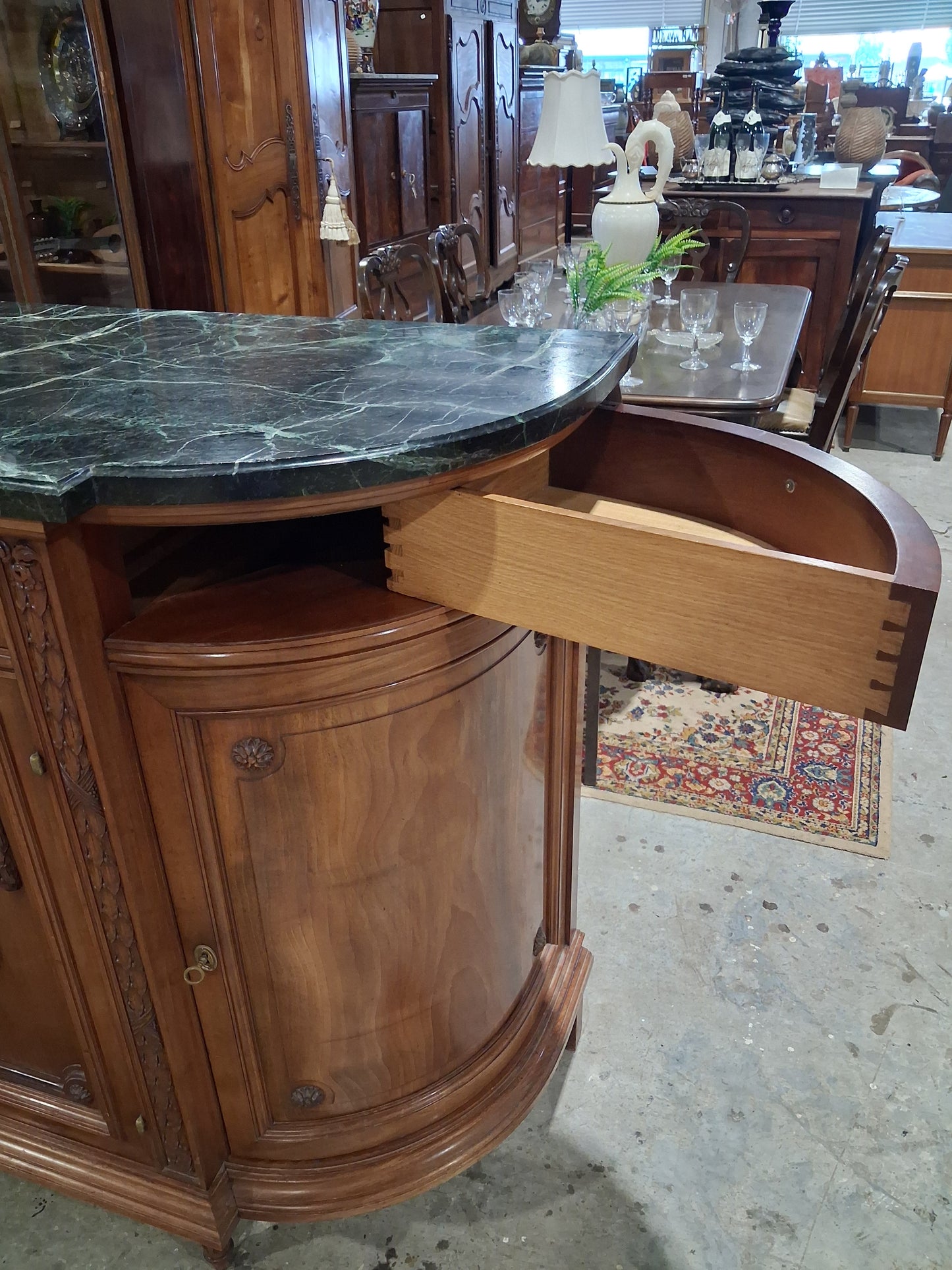 Antique French Louis XVI Revival Mahogany Marble Top Dining Room Suite, Circa 1890