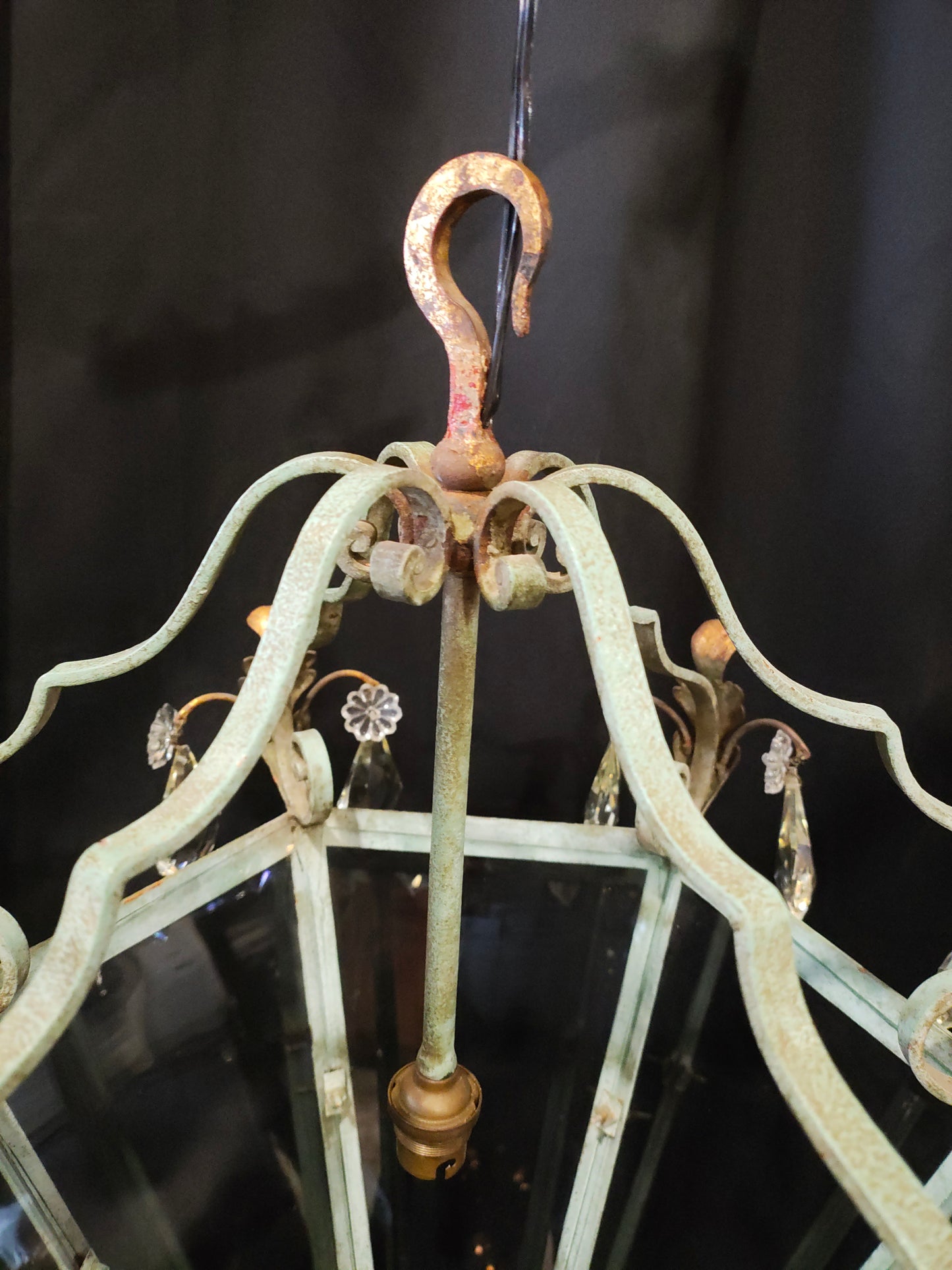 French Provincial Verdigris Iron & Crystal Lantern Chandelier