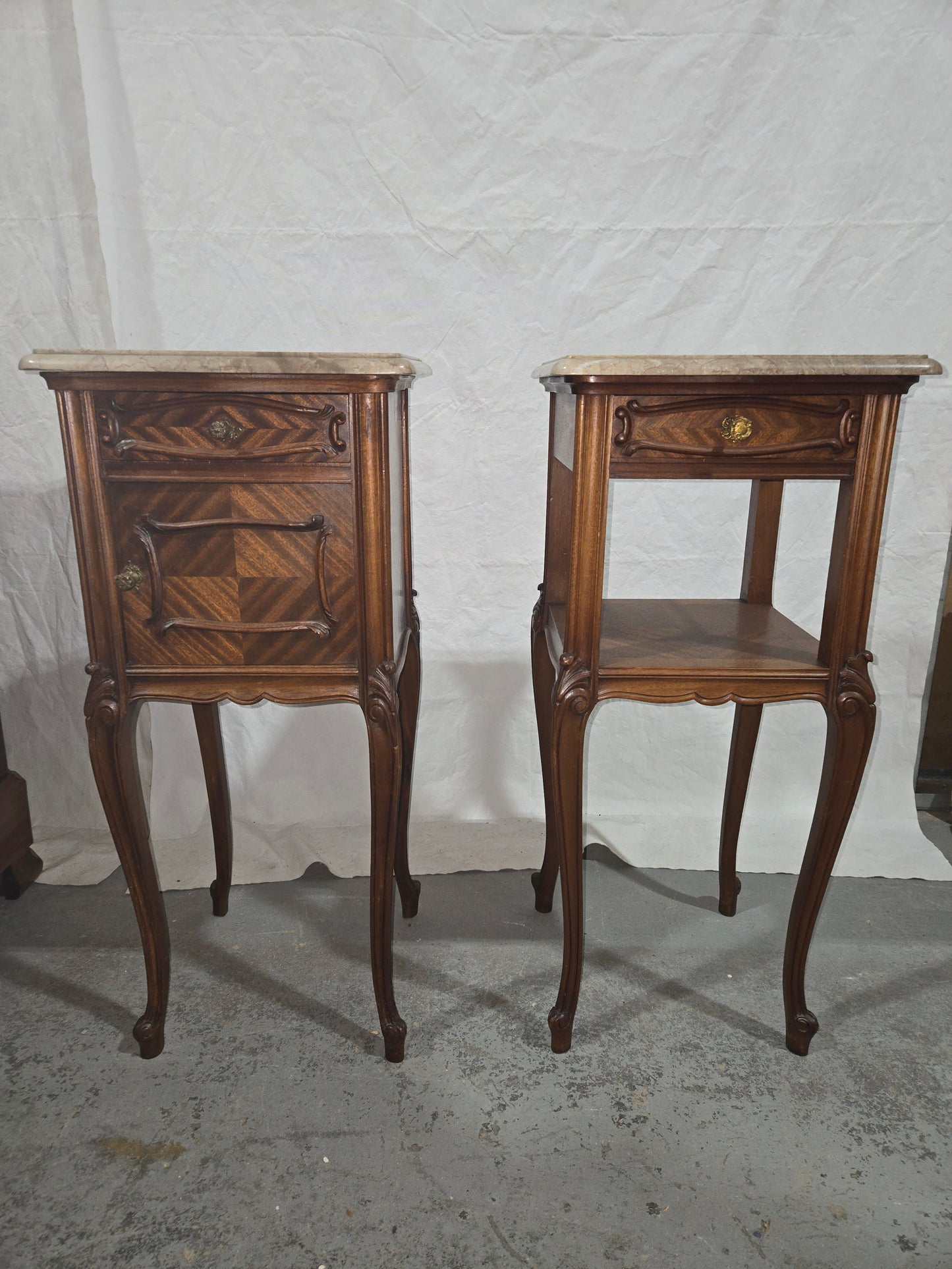 Pair of late 1880s LXV French nightstands w marble