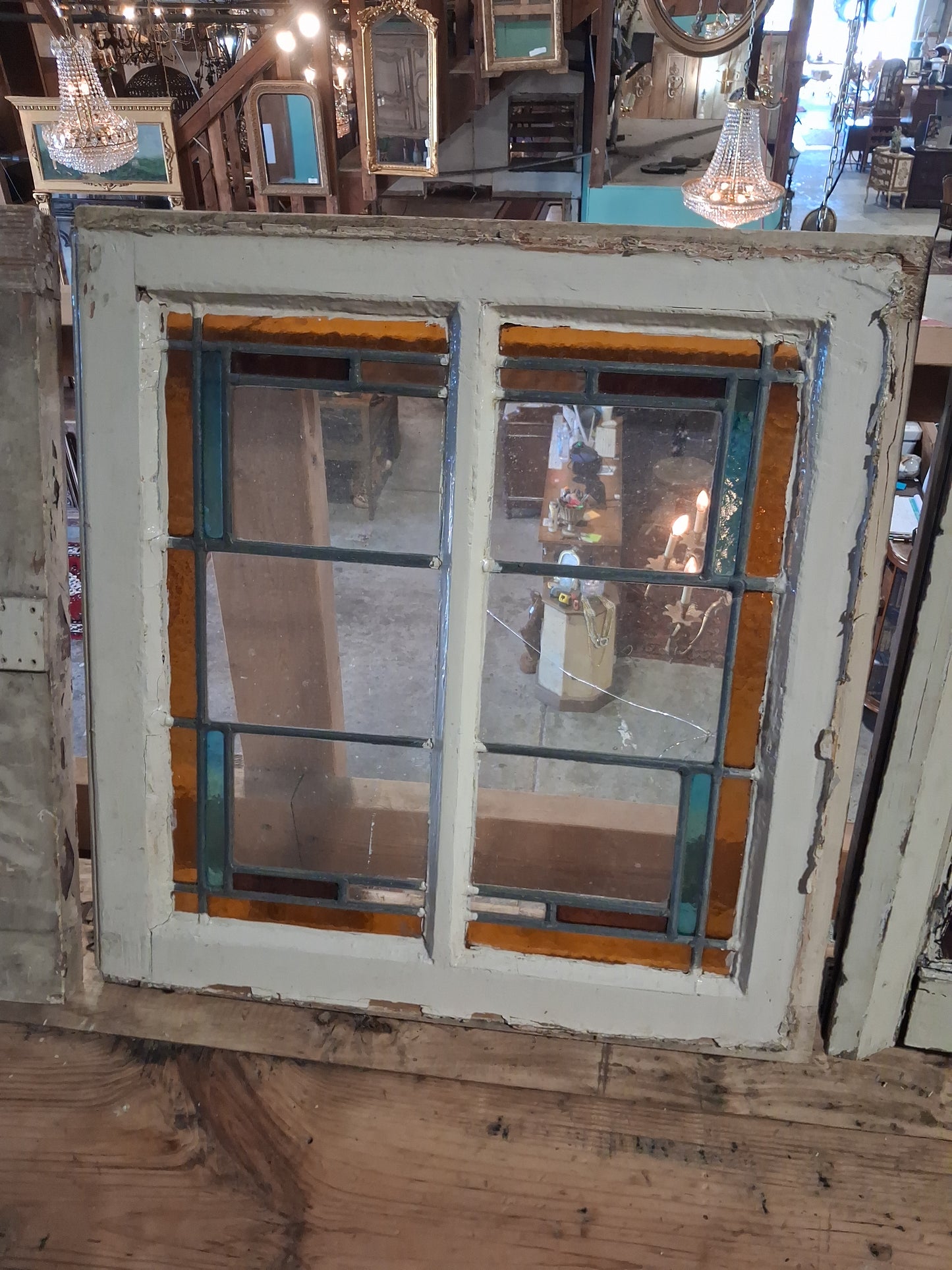 Antique Arts & Crafts Leaded Glass Window with Amber & Blue Accents