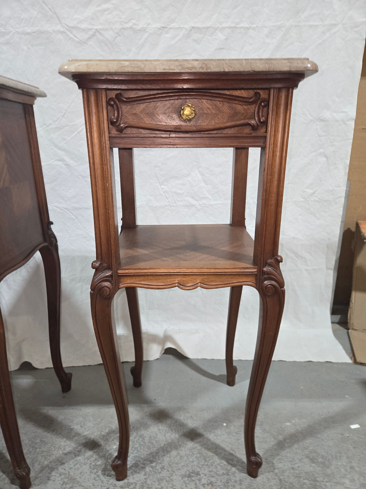 Pair of late 1880s LXV French nightstands w marble