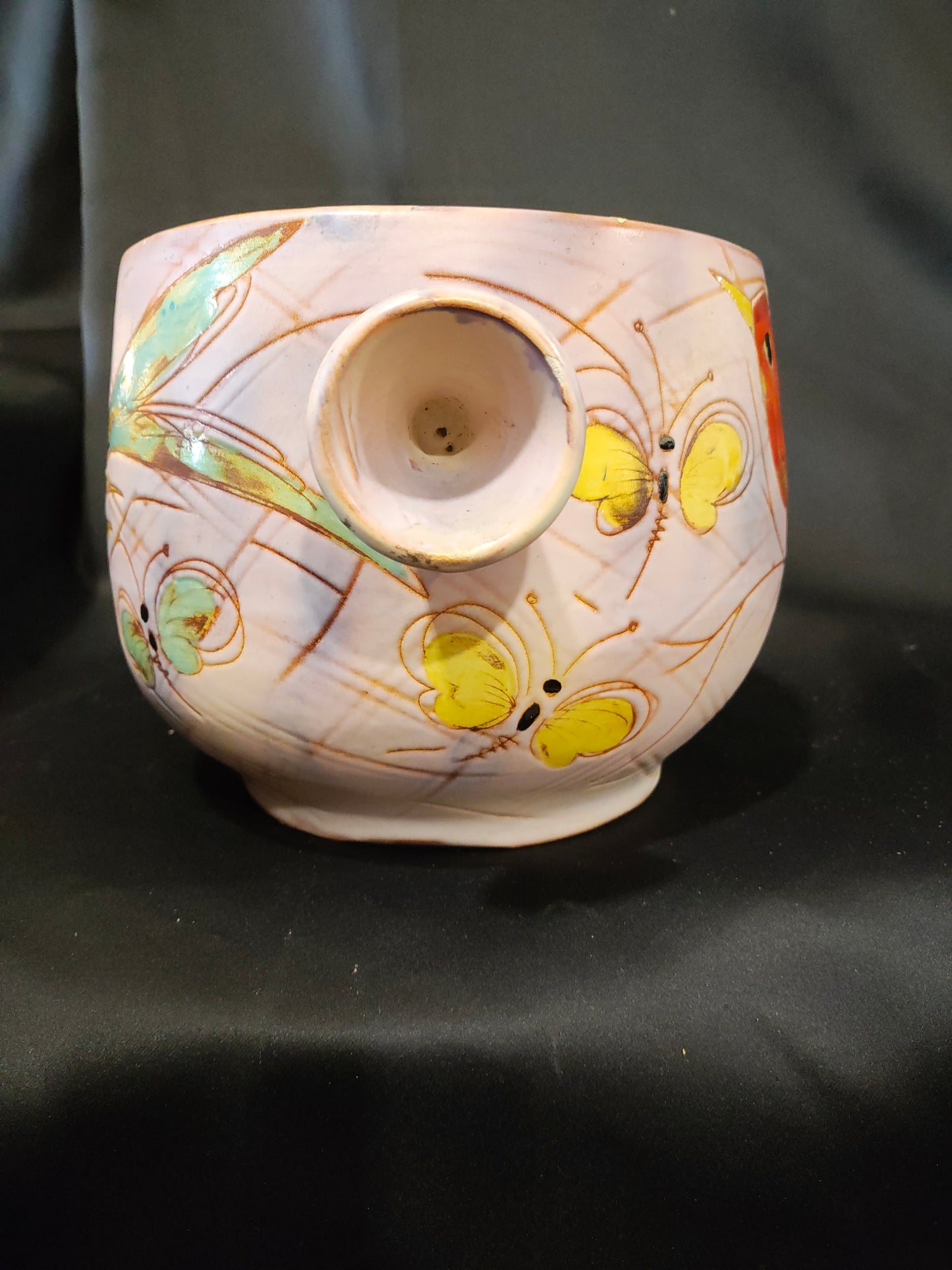 Mid-Century French Vallauris Hand-Painted Bird & Butterfly Art Pottery Bowl