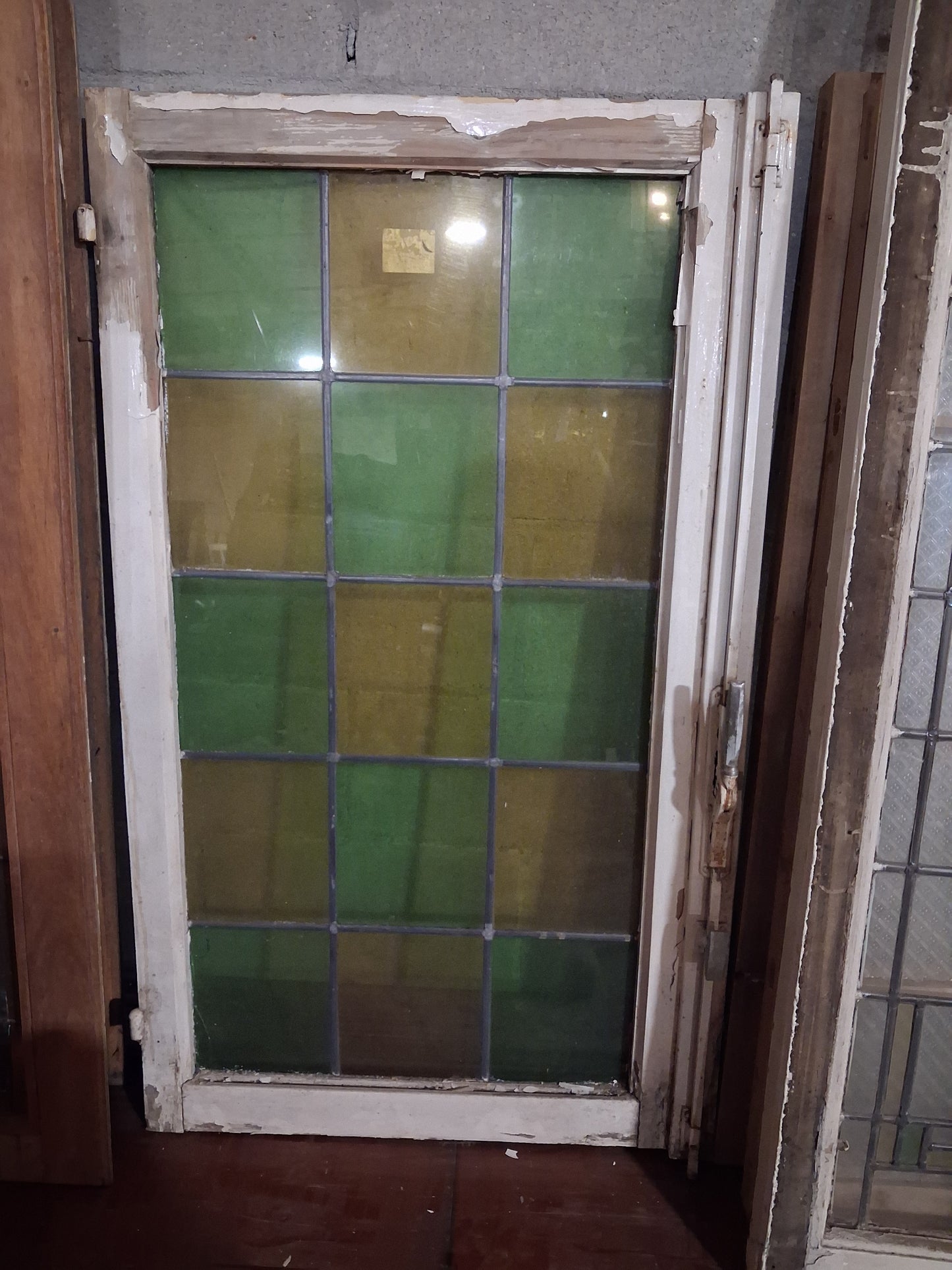 Antique Leaded Glass Window with Green & Amber Panes