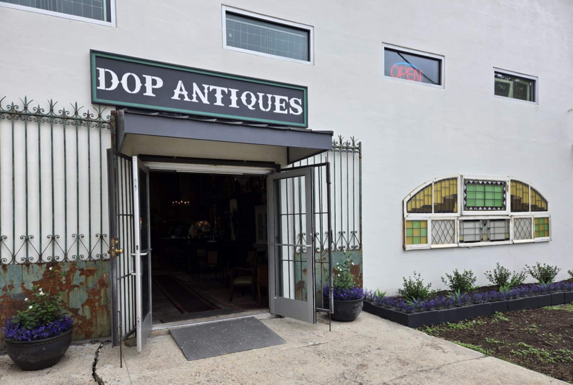 The DOP Antiques front door, open, on Jefferson Hwy in New Orleans