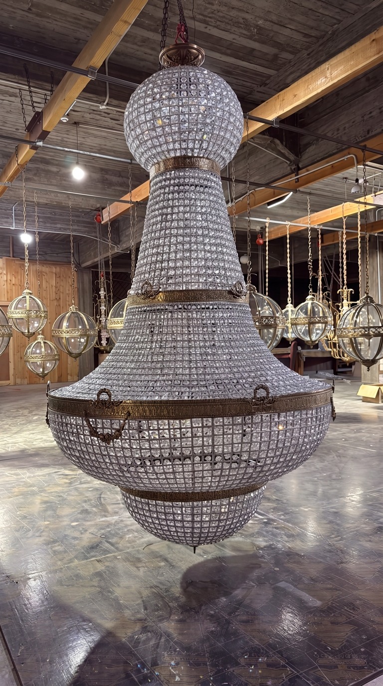 Large Empire crystal chandelier displayed in the DOP warehouse