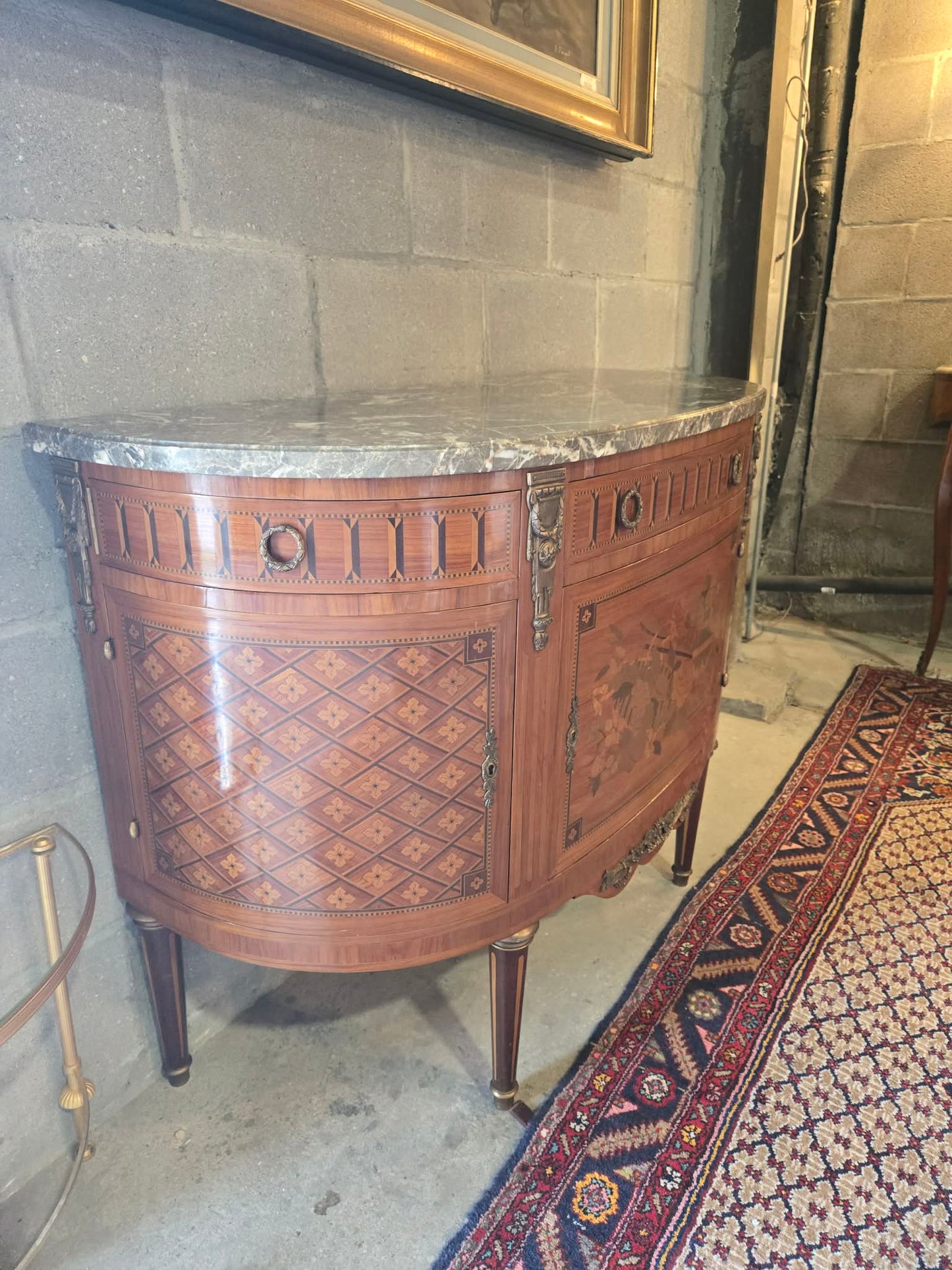 Circa 1900 French Demilune Marble Top Cabinet with Marquetry & Bronze Mounts