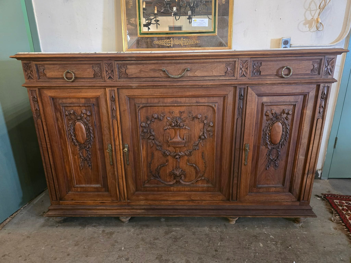 Antique French Carved Marble Top Buffet / Sideboard, Circa 1800