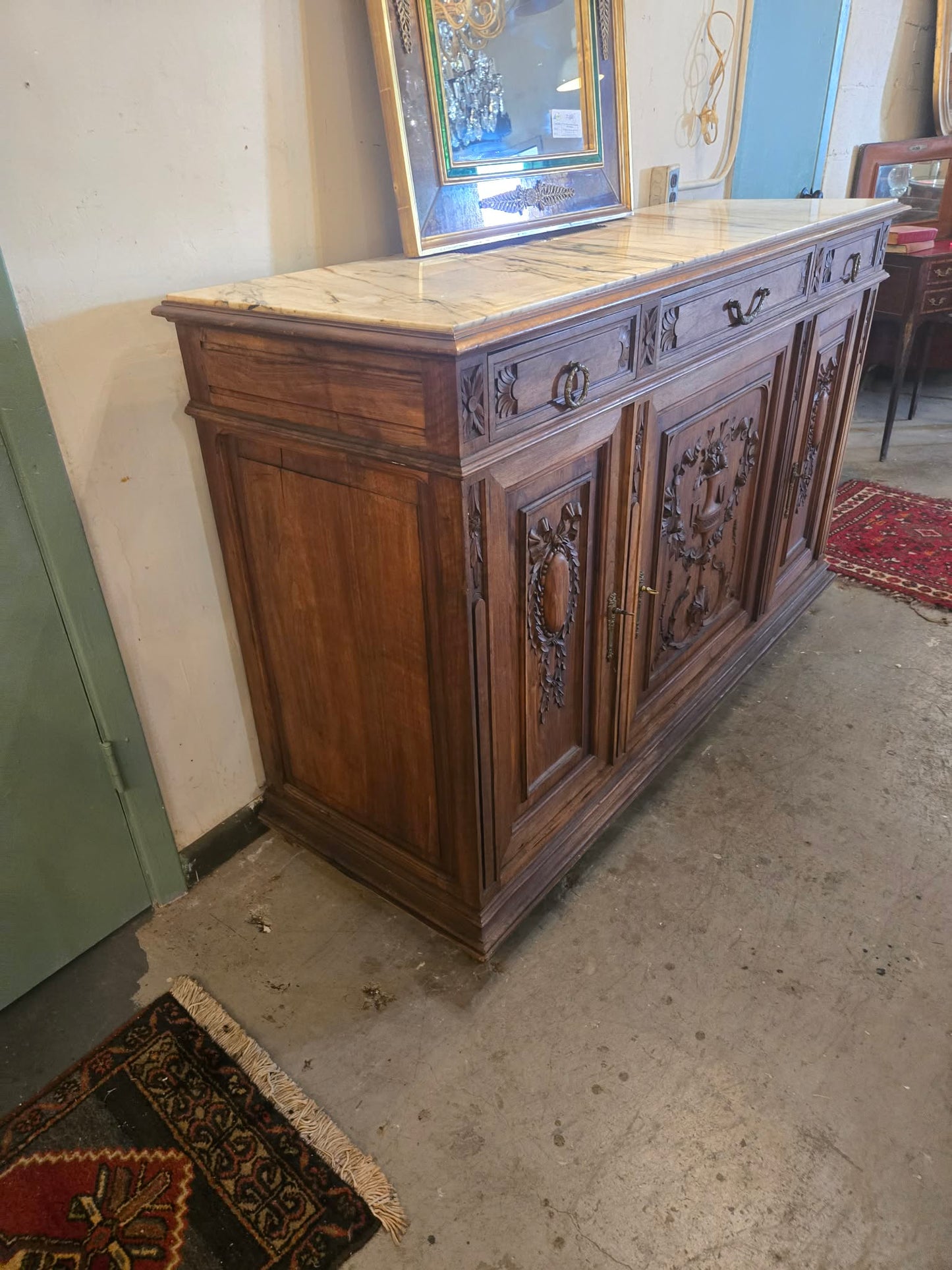 Antique French Carved Marble Top Buffet / Sideboard, Circa 1800