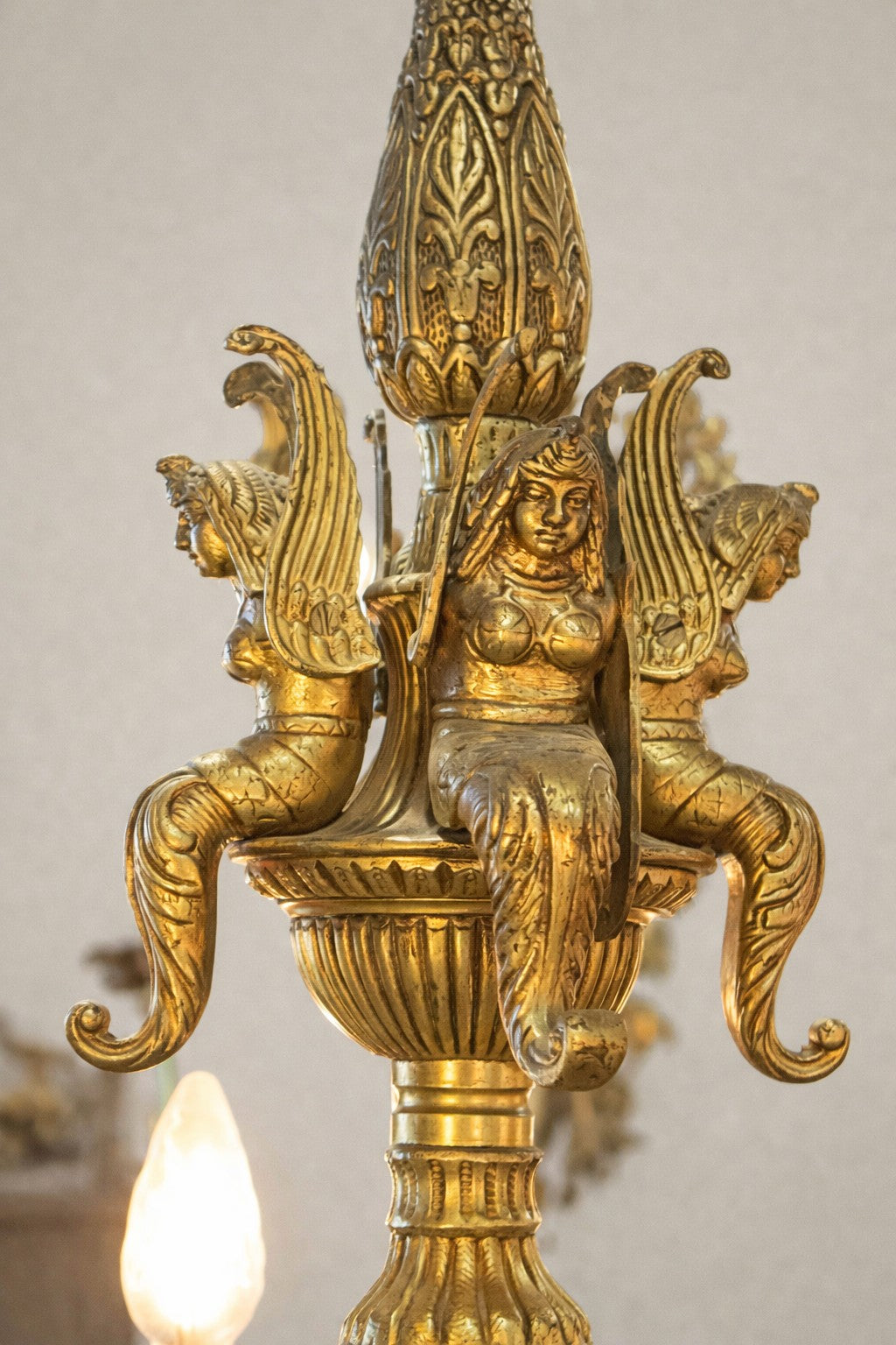 French Empire Revival Figural Gilt Bronze Chandelier with Sirens, c. 1880