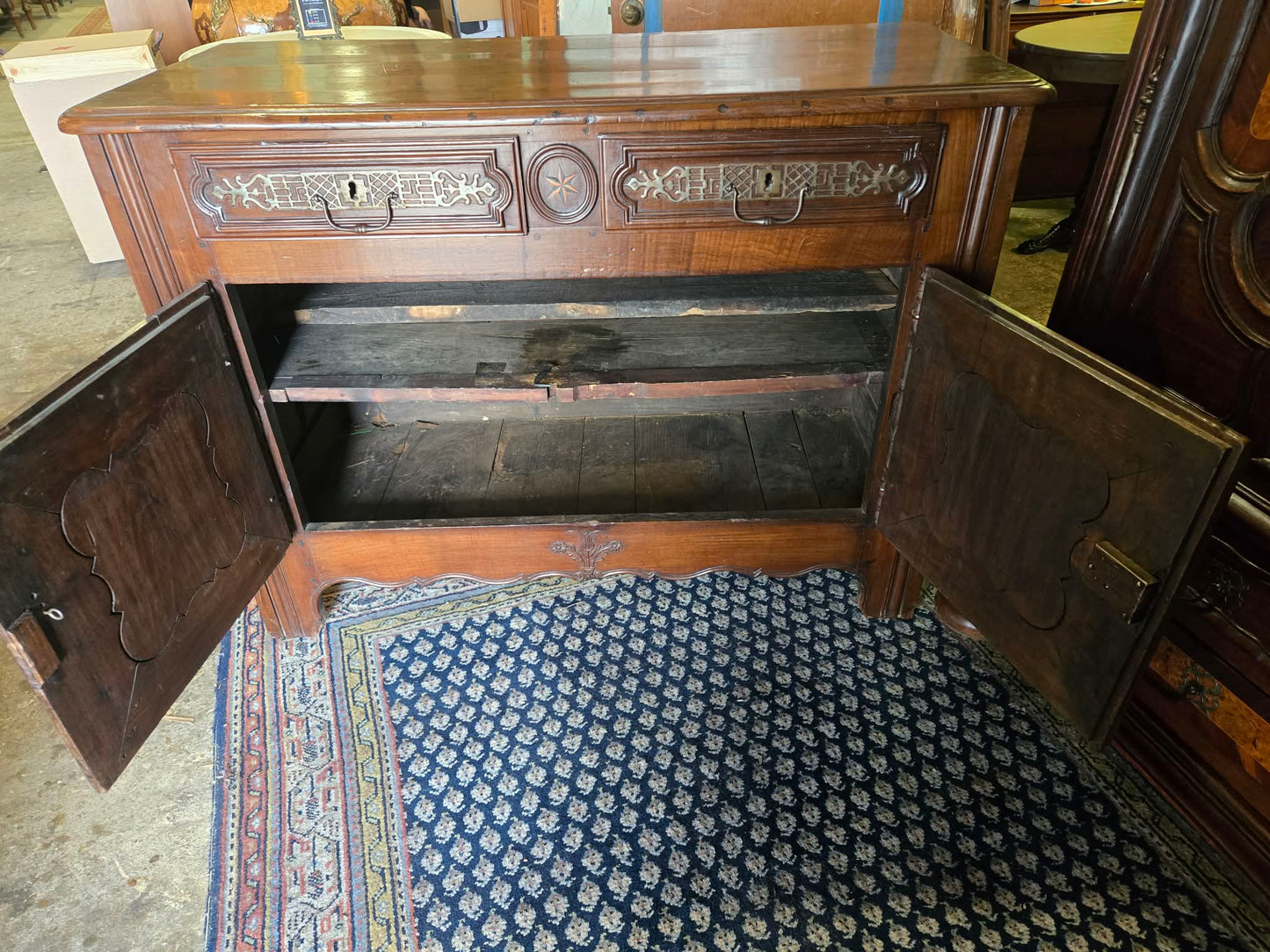 Antique Mid-19th Century French Walnut Buffet with Star Marquetry