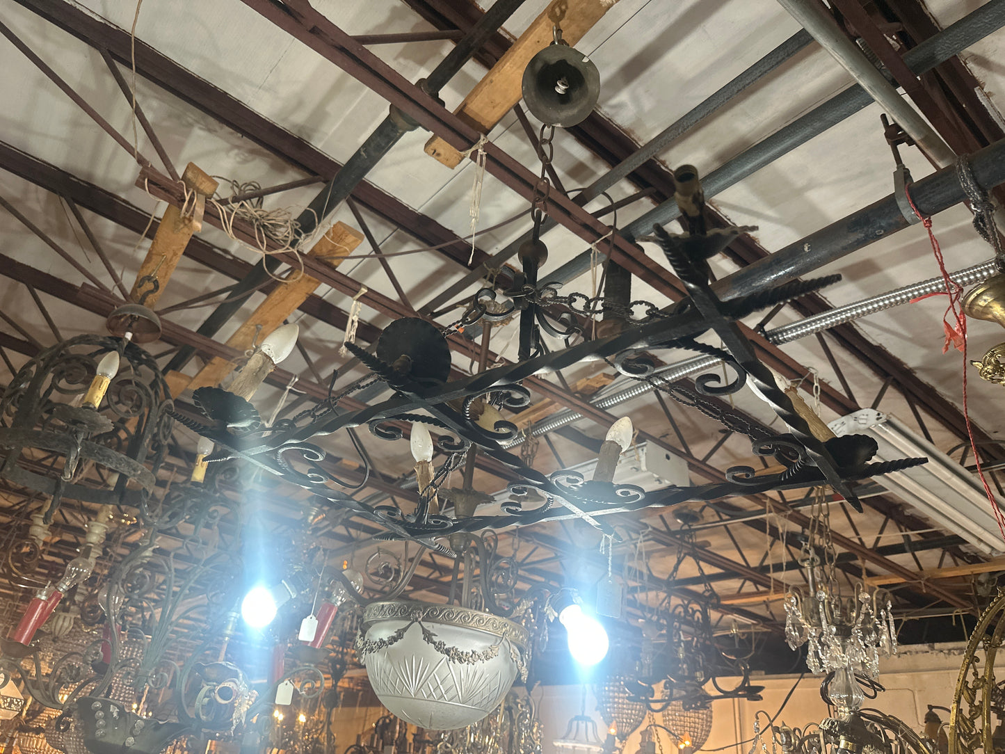 Hand Forged Wrought Iron Pot Rack Style Chandelier