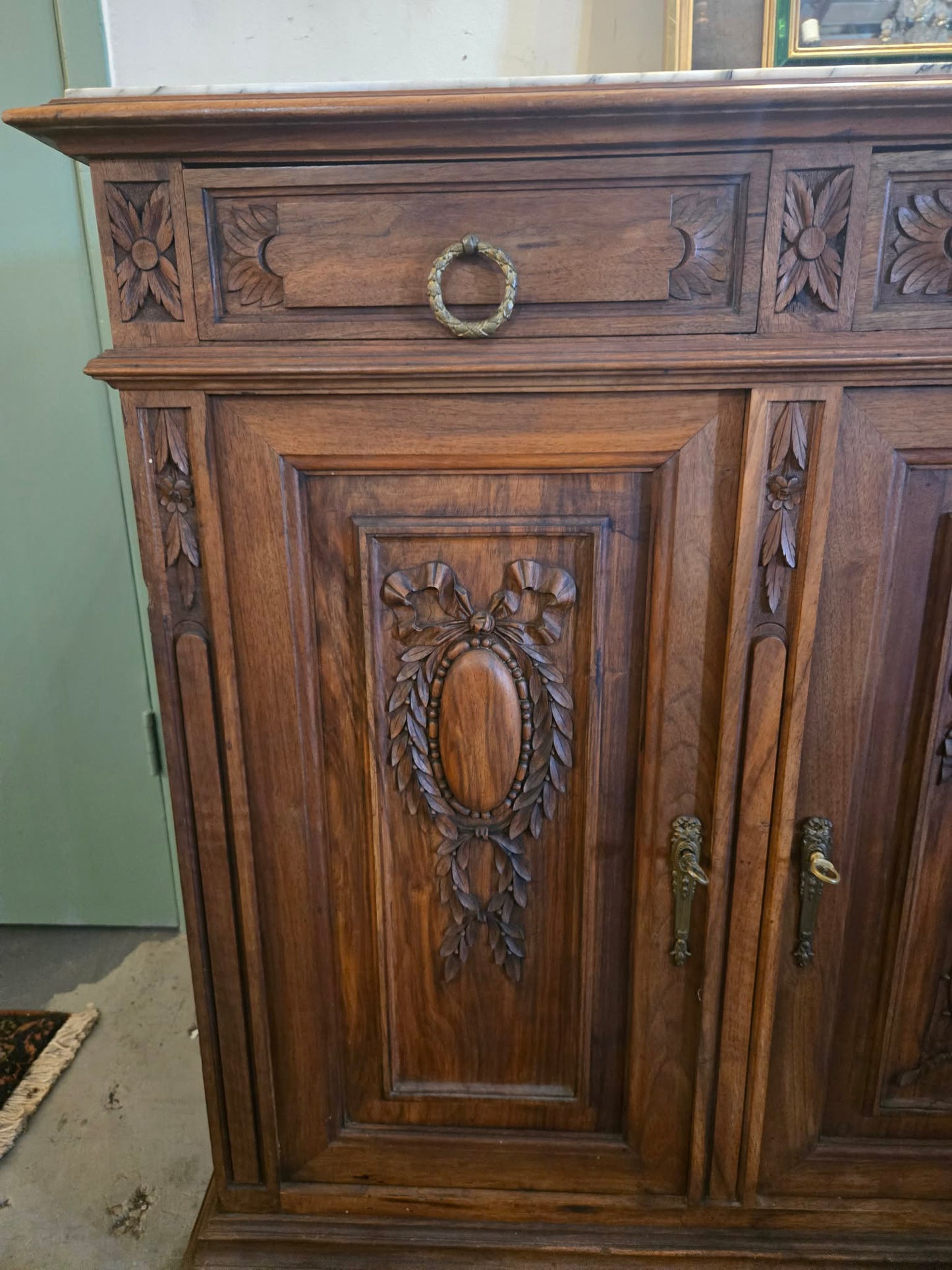 Antique French Carved Marble Top Buffet / Sideboard, Circa 1800