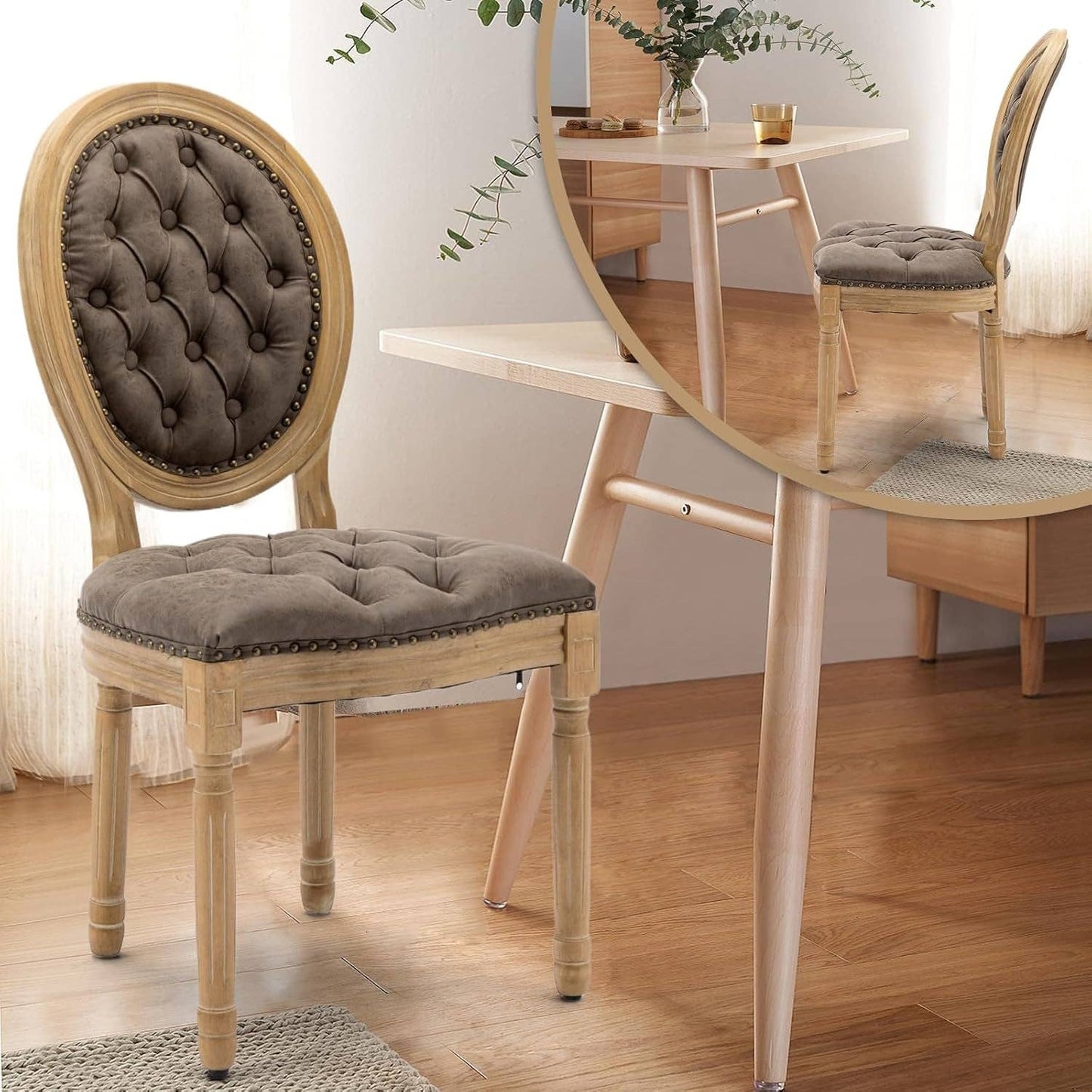 PU Leather Upholstered Dining Chairs Set of 6 French Country round Back Kitchen Side Chairs with Nailhead Trim and Wood Legs for Dining Room, Kitchen, Restaurant(Brown)