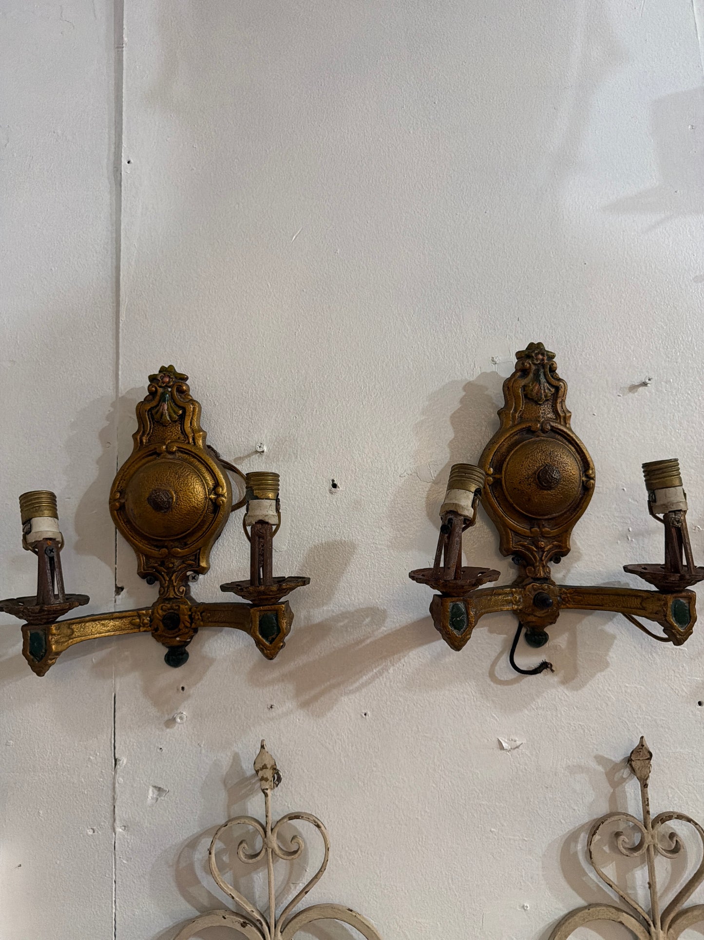 Antique Tudor Revival pair sconces