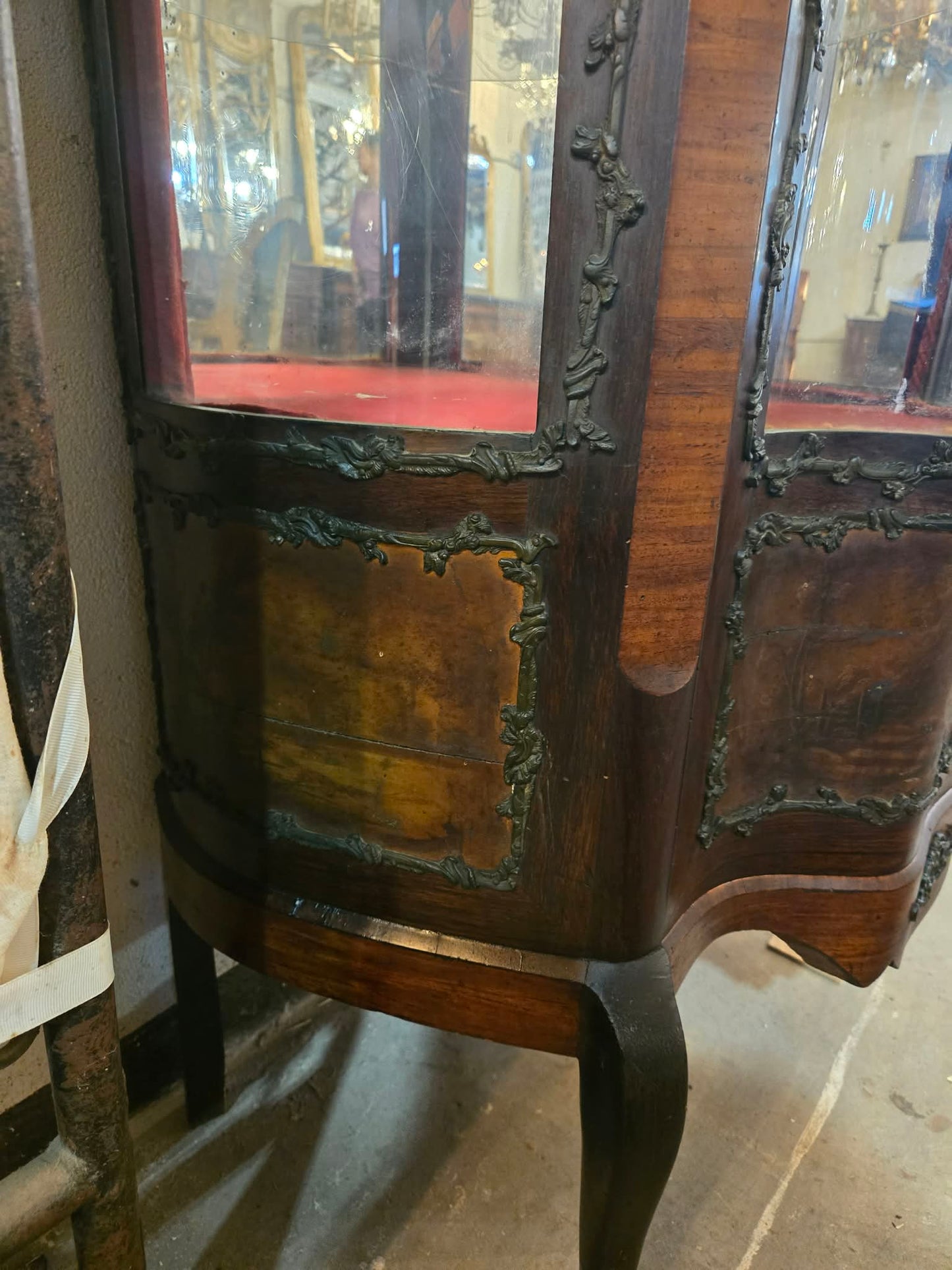 Antique French Curved Glass Display Cabinet with Painted Panels, c.1900