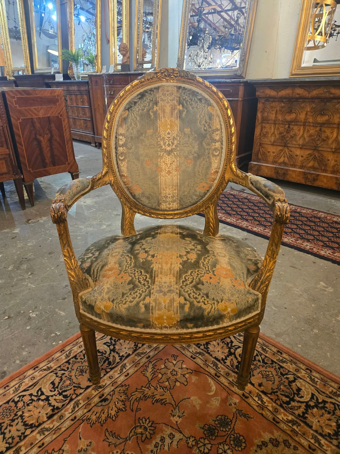 Antique French Giltwood Salon Seating Set, Settee and Four Chairs, c.1900