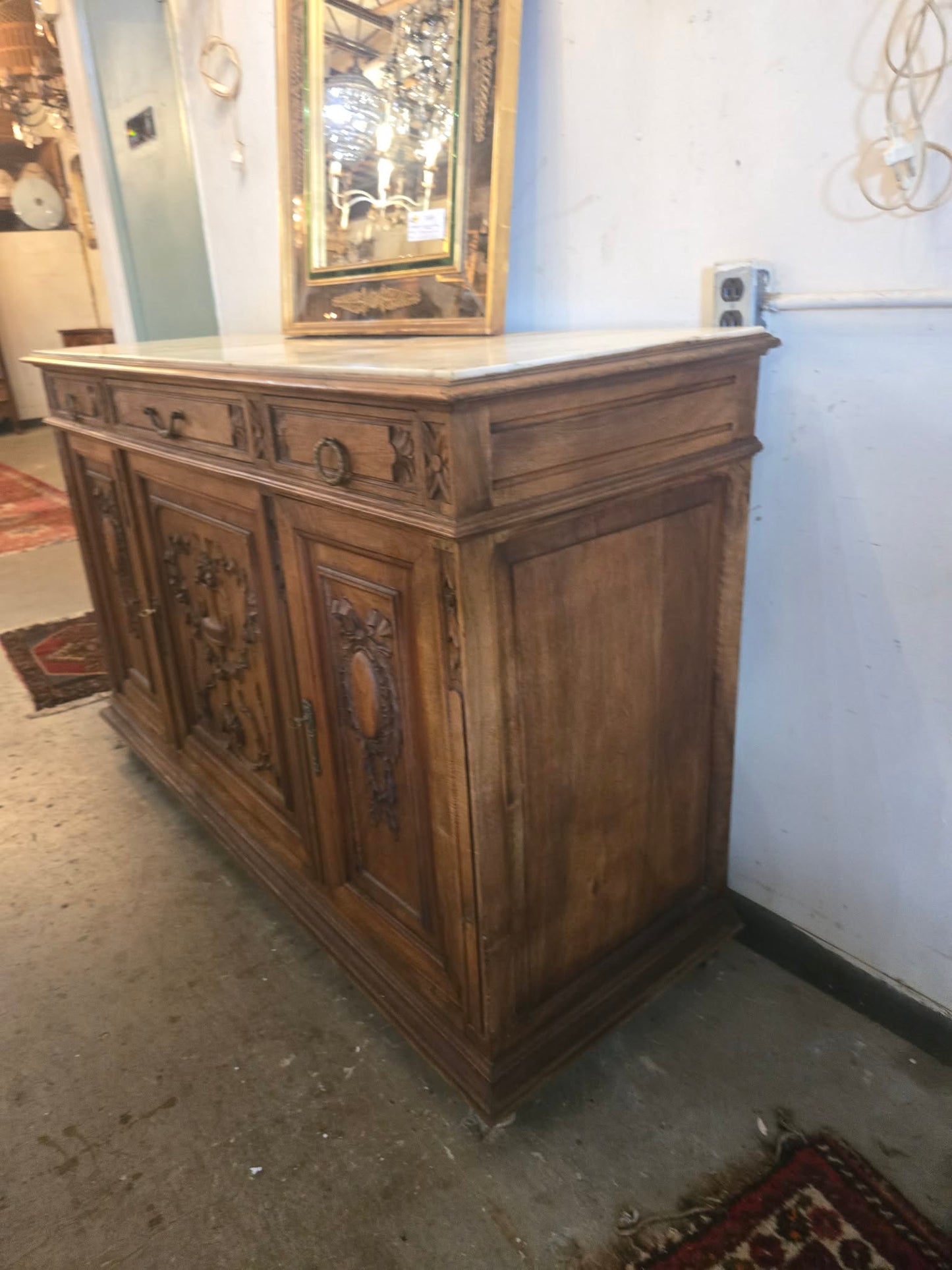 Antique French Carved Marble Top Buffet / Sideboard, Circa 1800