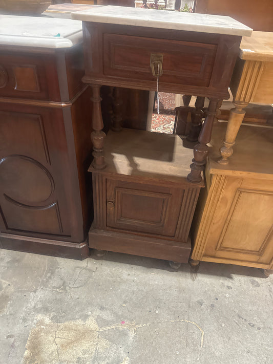 Two tier walnut side table with marble top