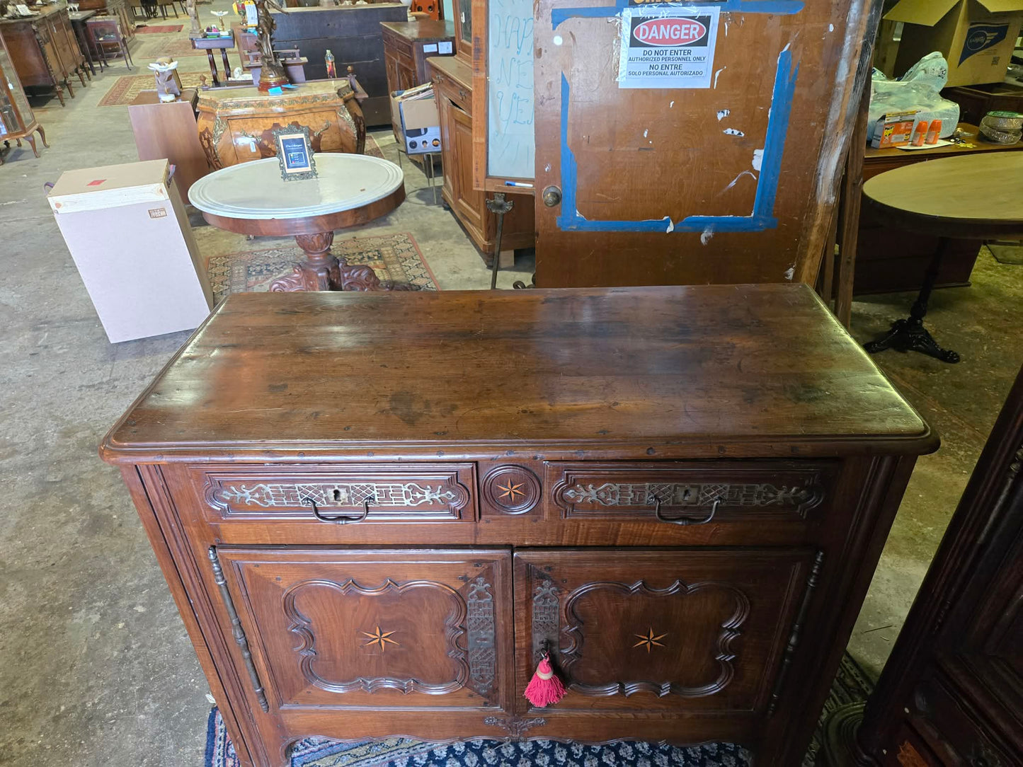 Antique Mid-19th Century French Walnut Buffet with Star Marquetry