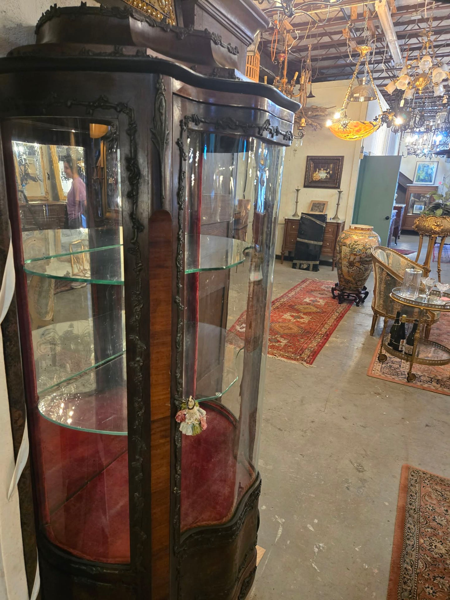 Antique French Curved Glass Display Cabinet with Painted Panels, c.1900