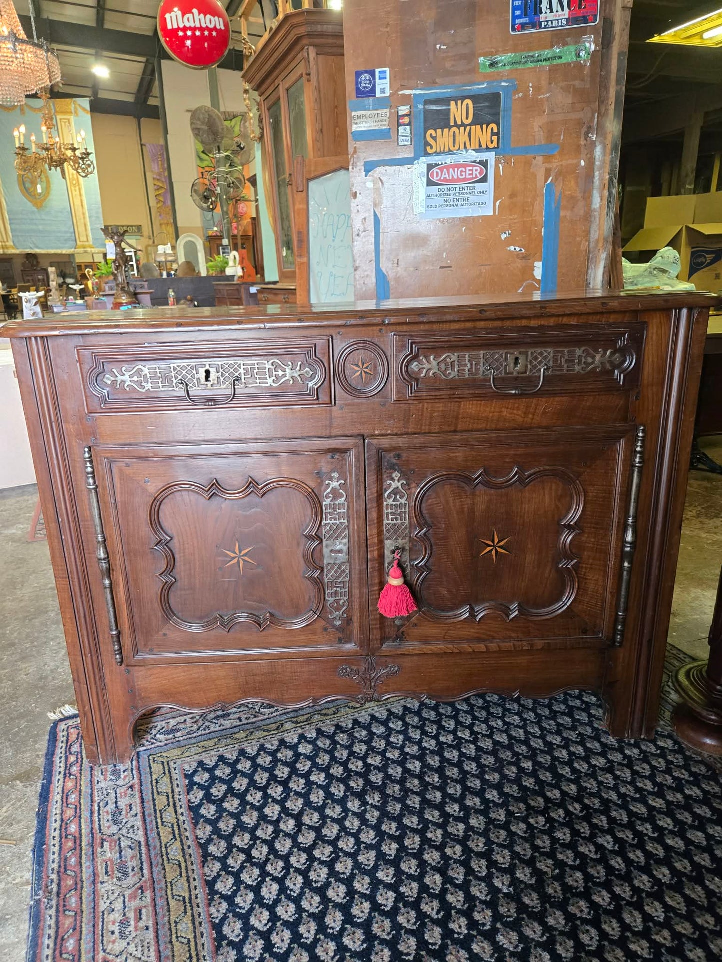 Antique Mid-19th Century French Walnut Buffet with Star Marquetry