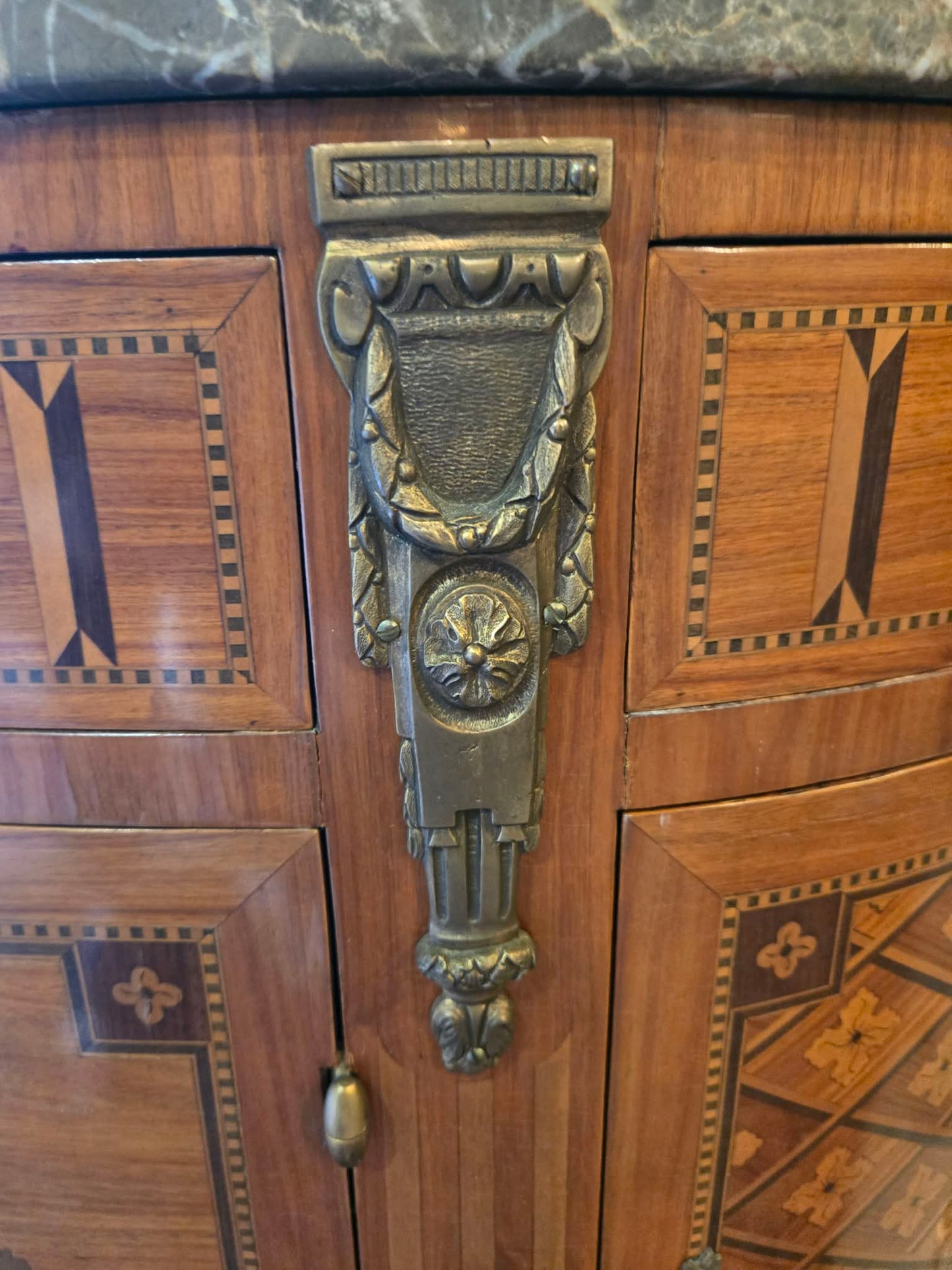Circa 1900 French Demilune Marble Top Cabinet with Marquetry & Bronze Mounts