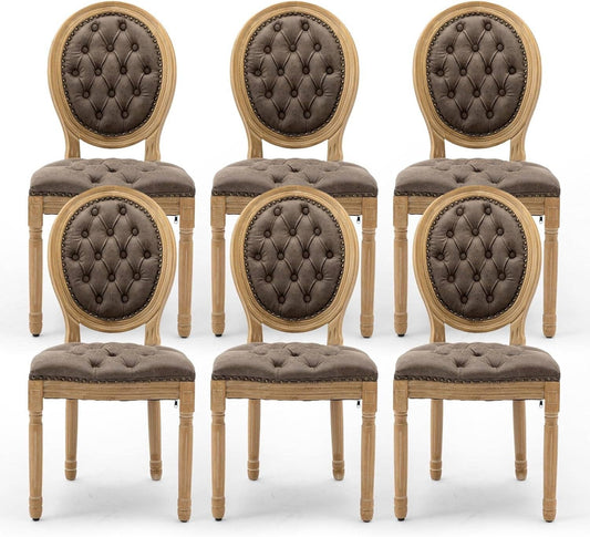 PU Leather Upholstered Dining Chairs Set of 6 French Country round Back Kitchen Side Chairs with Nailhead Trim and Wood Legs for Dining Room, Kitchen, Restaurant(Brown)
