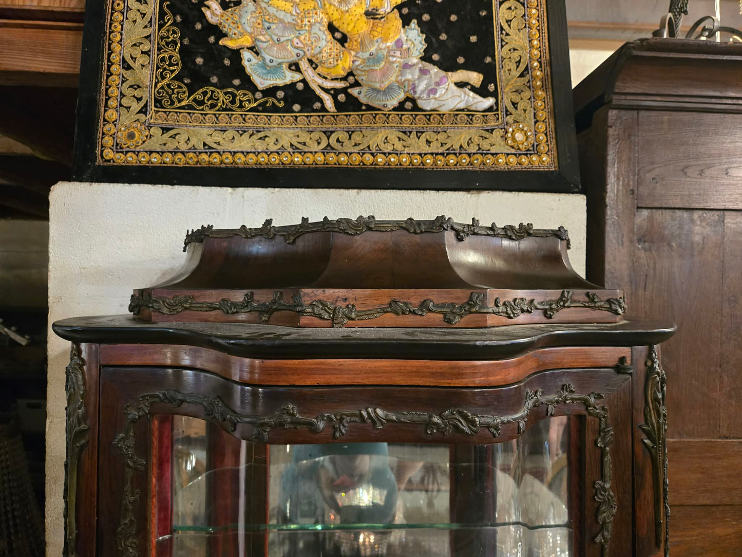 Antique French Curved Glass Display Cabinet with Painted Panels, c.1900
