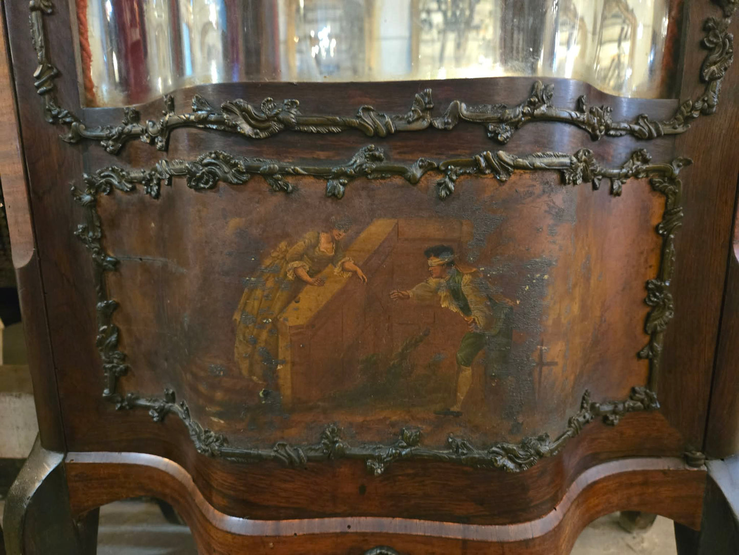 Antique French Curved Glass Display Cabinet with Painted Panels, c.1900