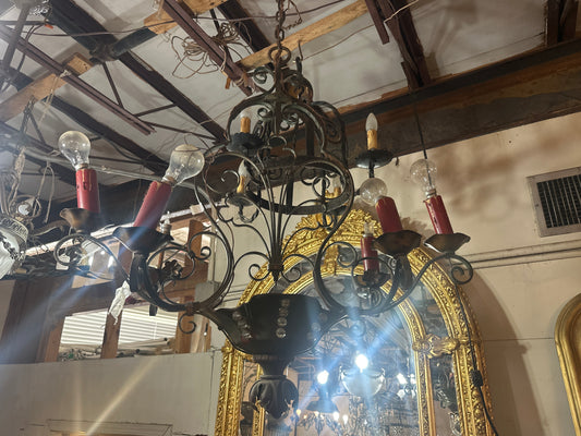 Vintage Wrought I iron Spanish Revival 6 light Chandelier