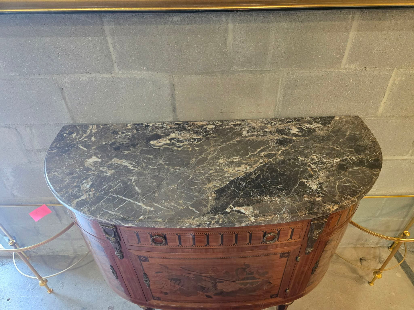 Circa 1900 French Demilune Marble Top Cabinet with Marquetry & Bronze Mounts