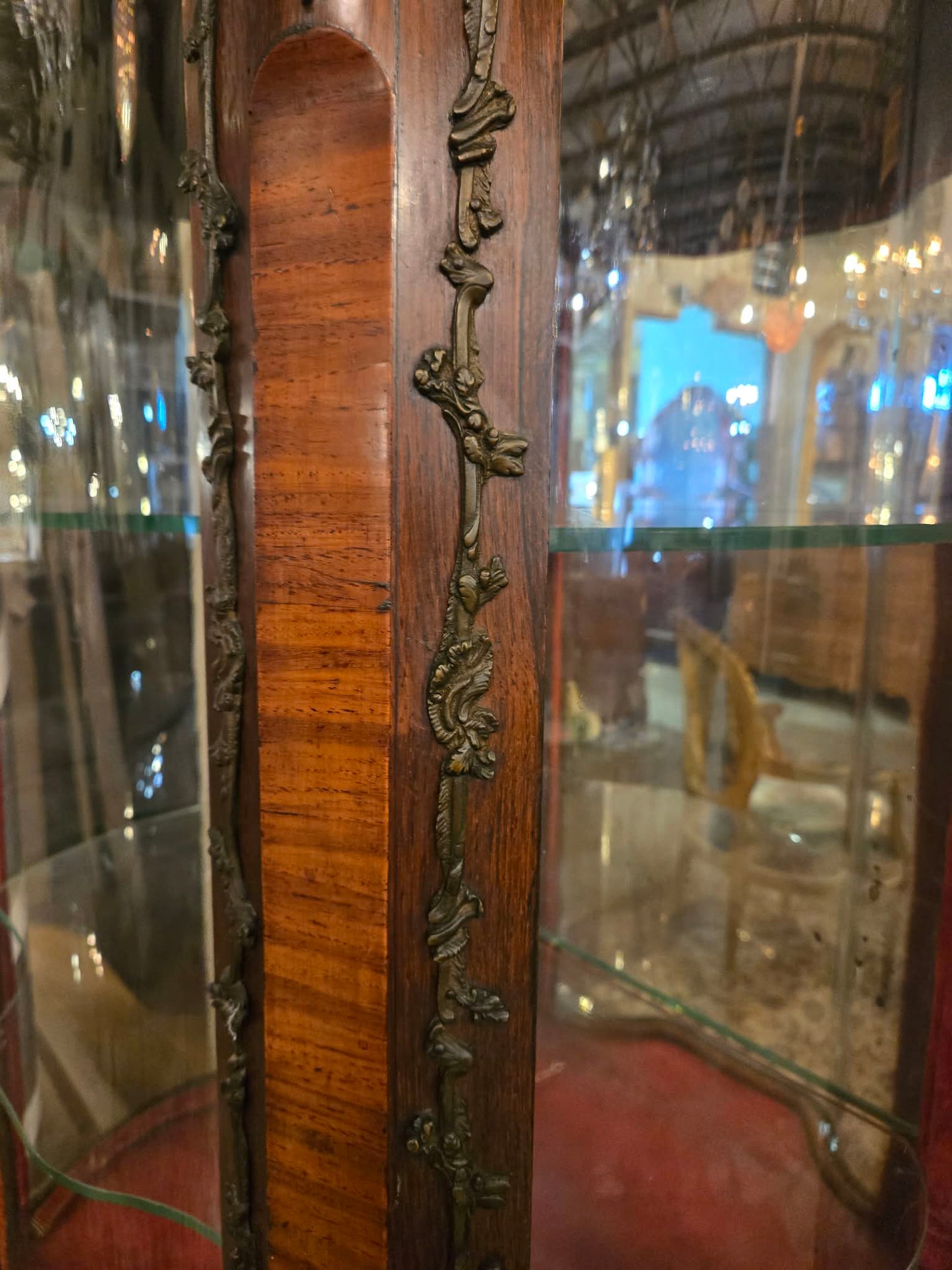 Antique French Curved Glass Display Cabinet with Painted Panels, c.1900