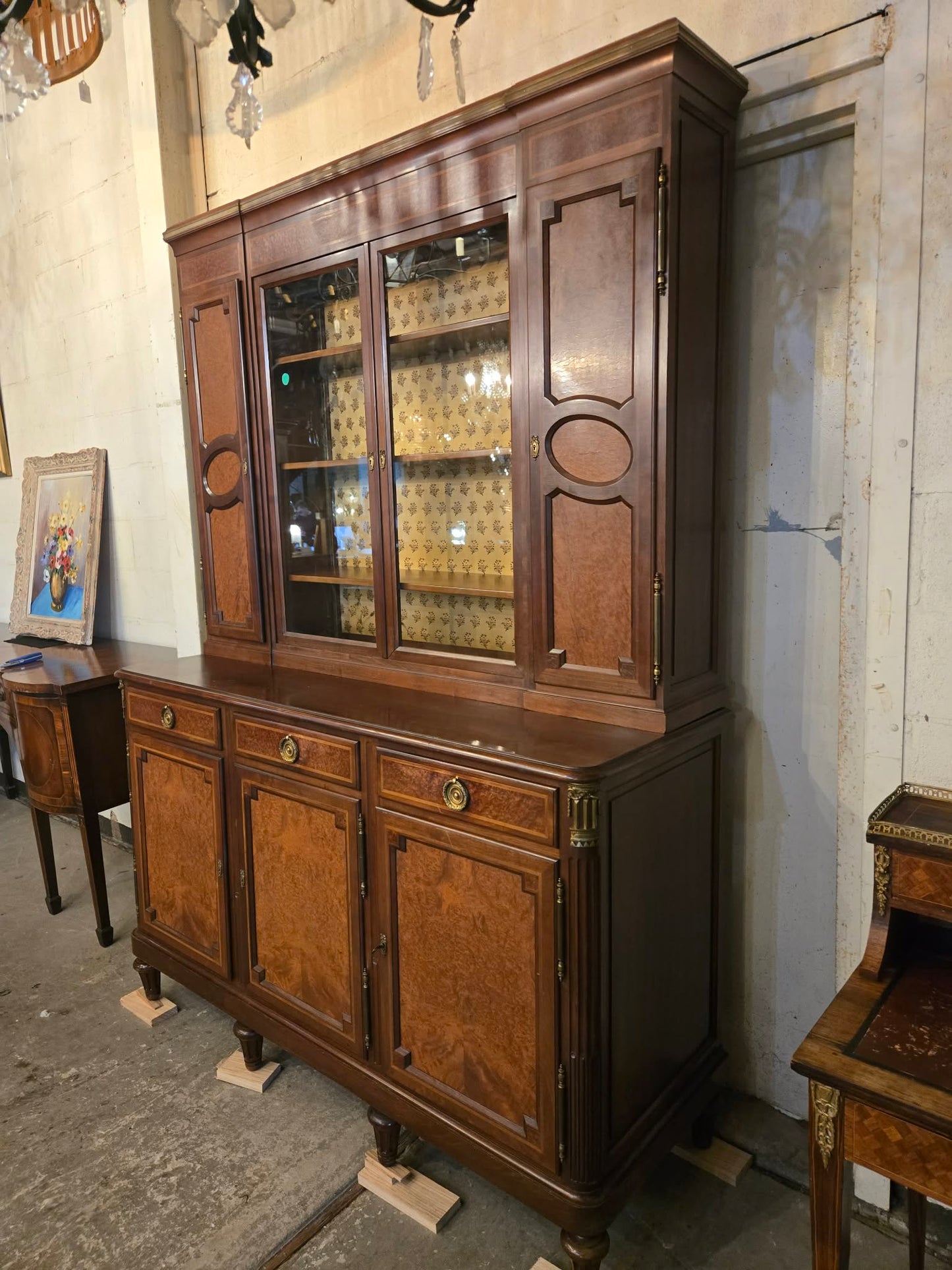 Antique 1850s French Walnut Buffet Deux-Corps with Glazed Upper Cabinet